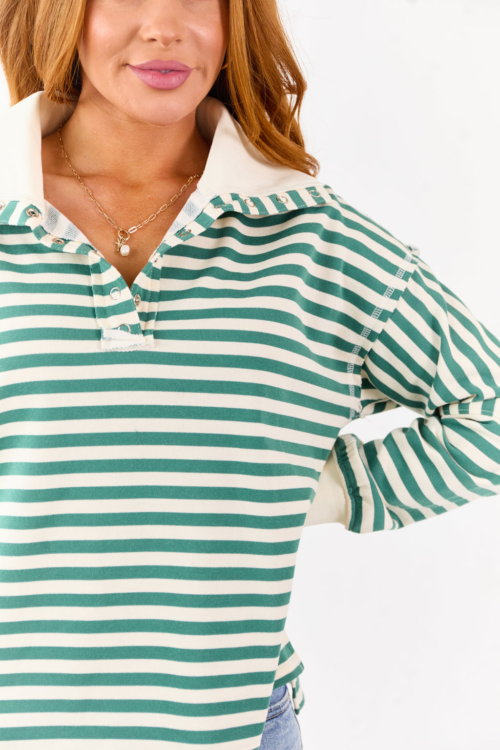 Pine and Cream Striped Henley Top