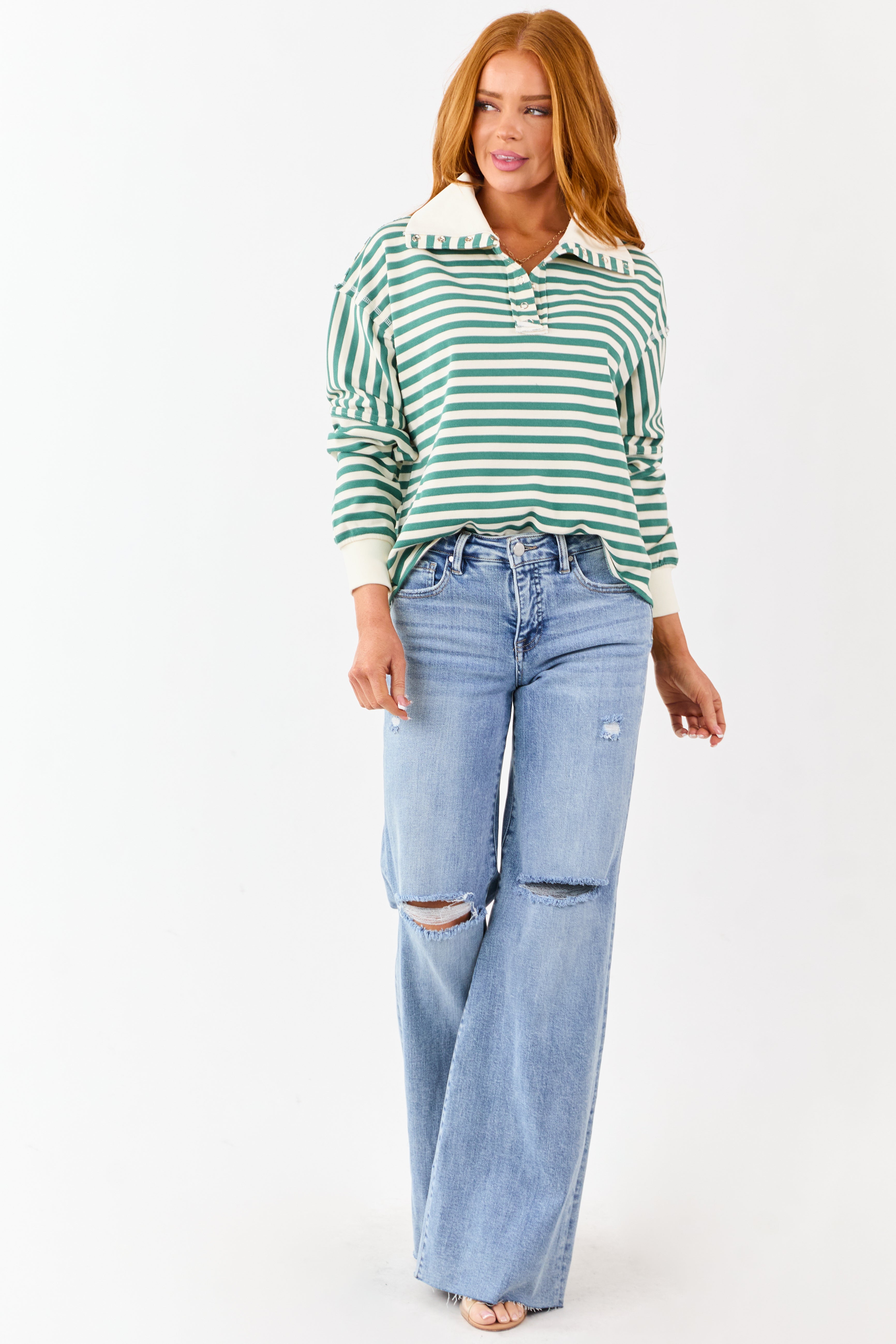 Pine and Cream Striped Henley Top