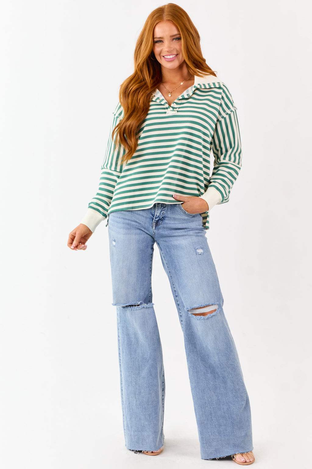 Pine and Cream Striped Henley Top