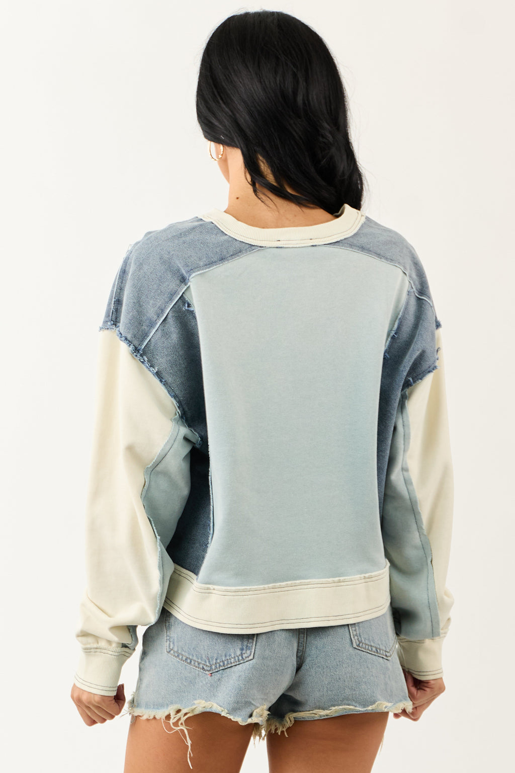 Powder Blue Colorblock Denim Long Sleeve Top