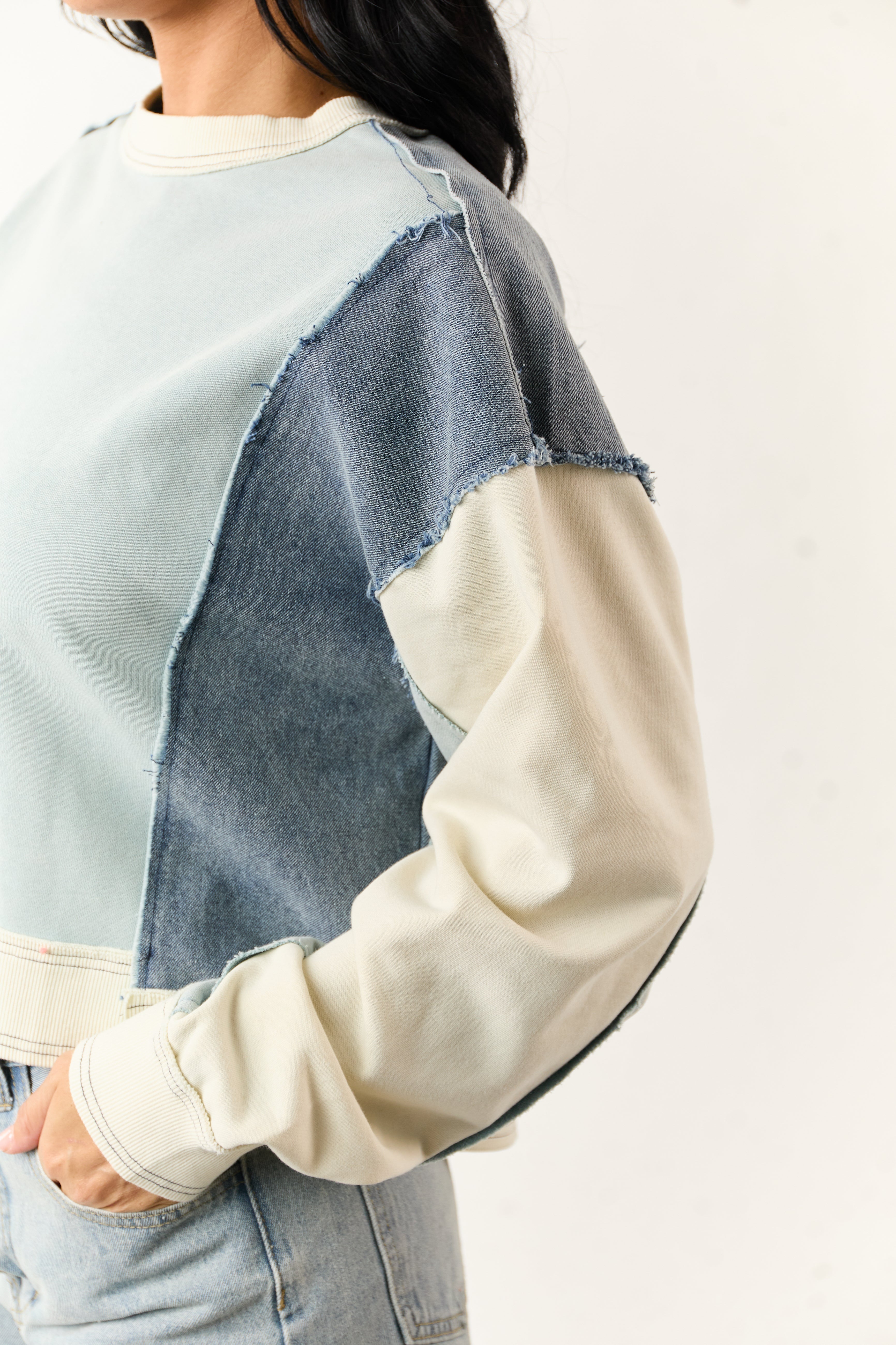 Powder Blue Colorblock Denim Long Sleeve Top