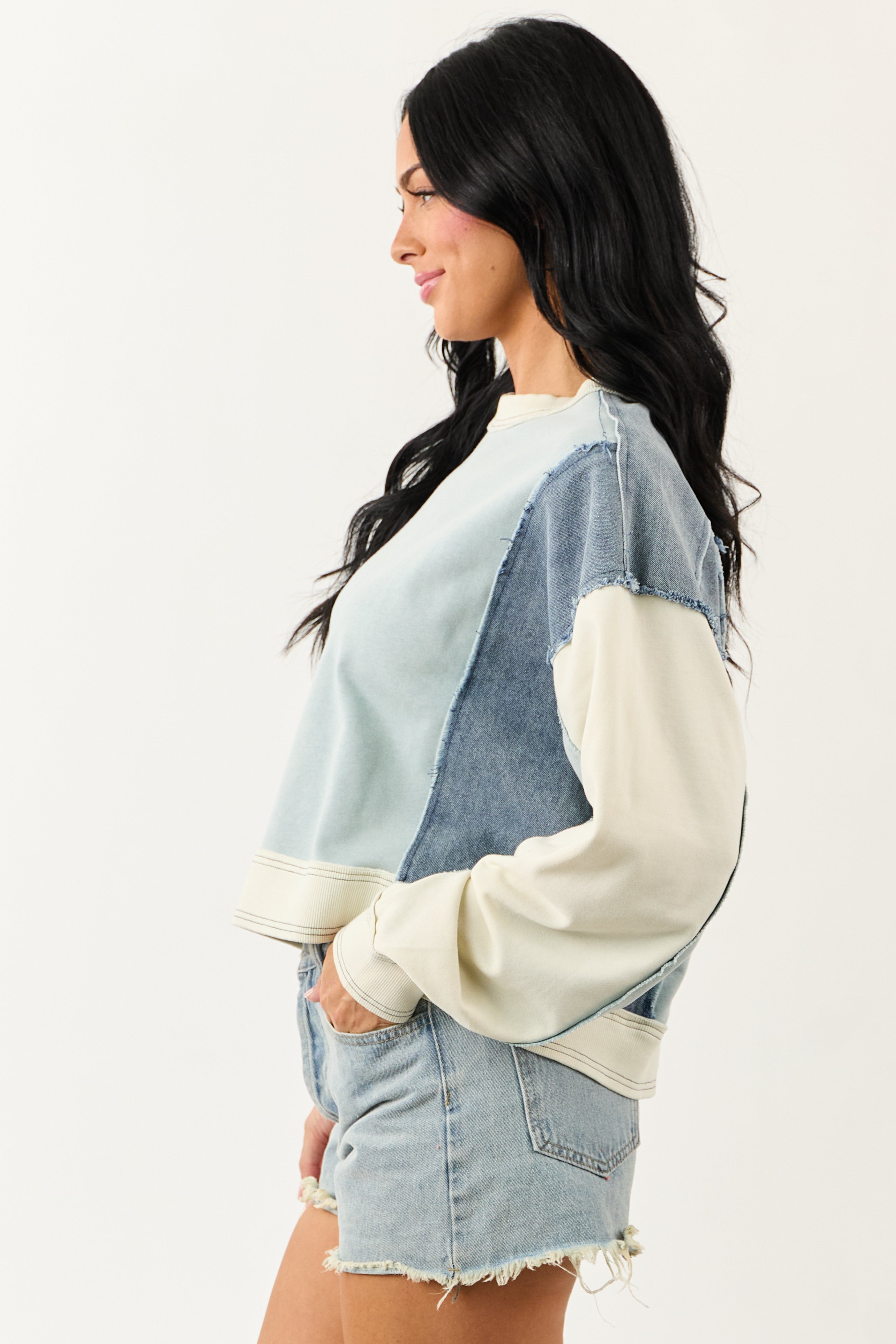 Powder Blue Colorblock Denim Long Sleeve Top