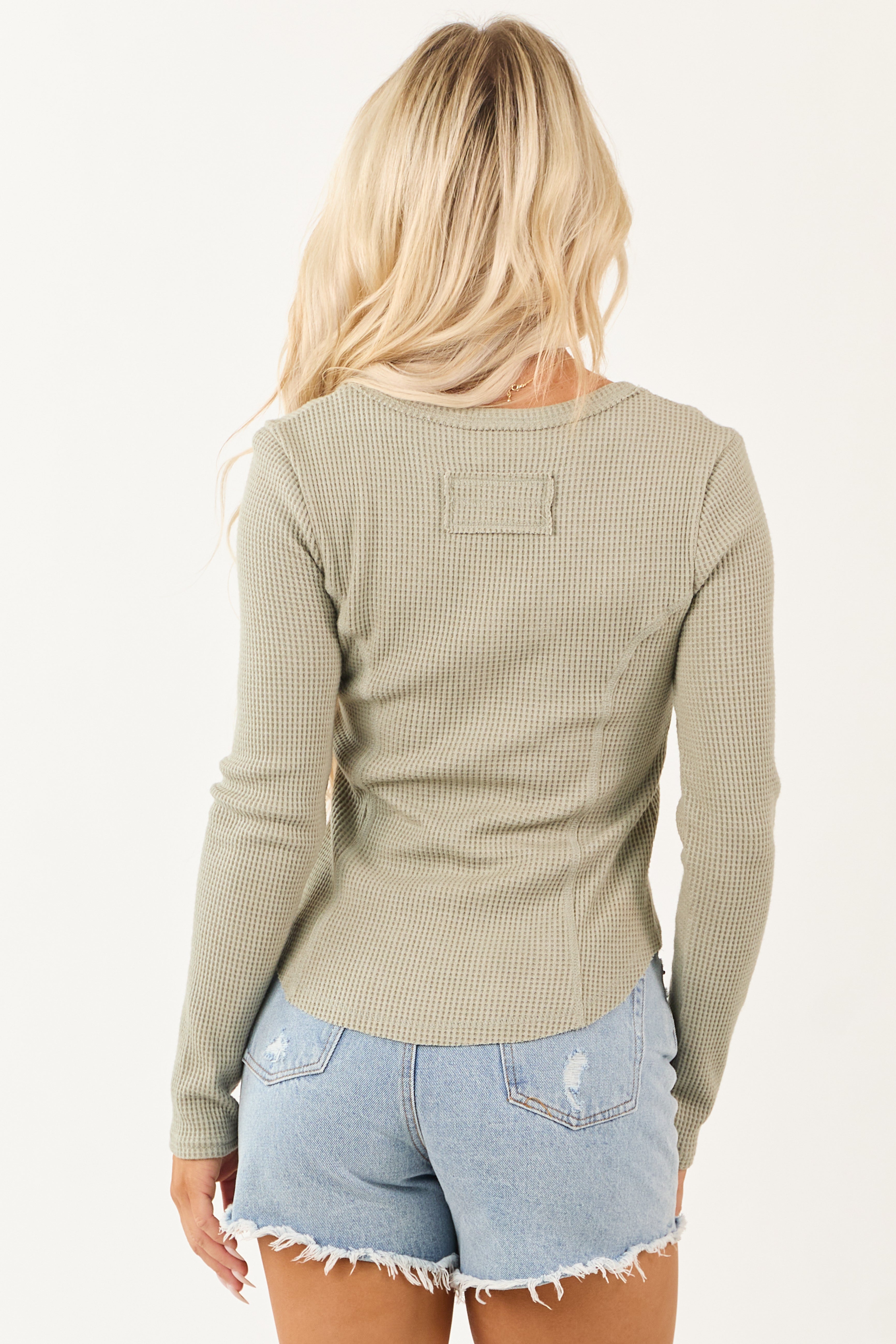Sage Waffle Knit Long Sleeve Button Down Top