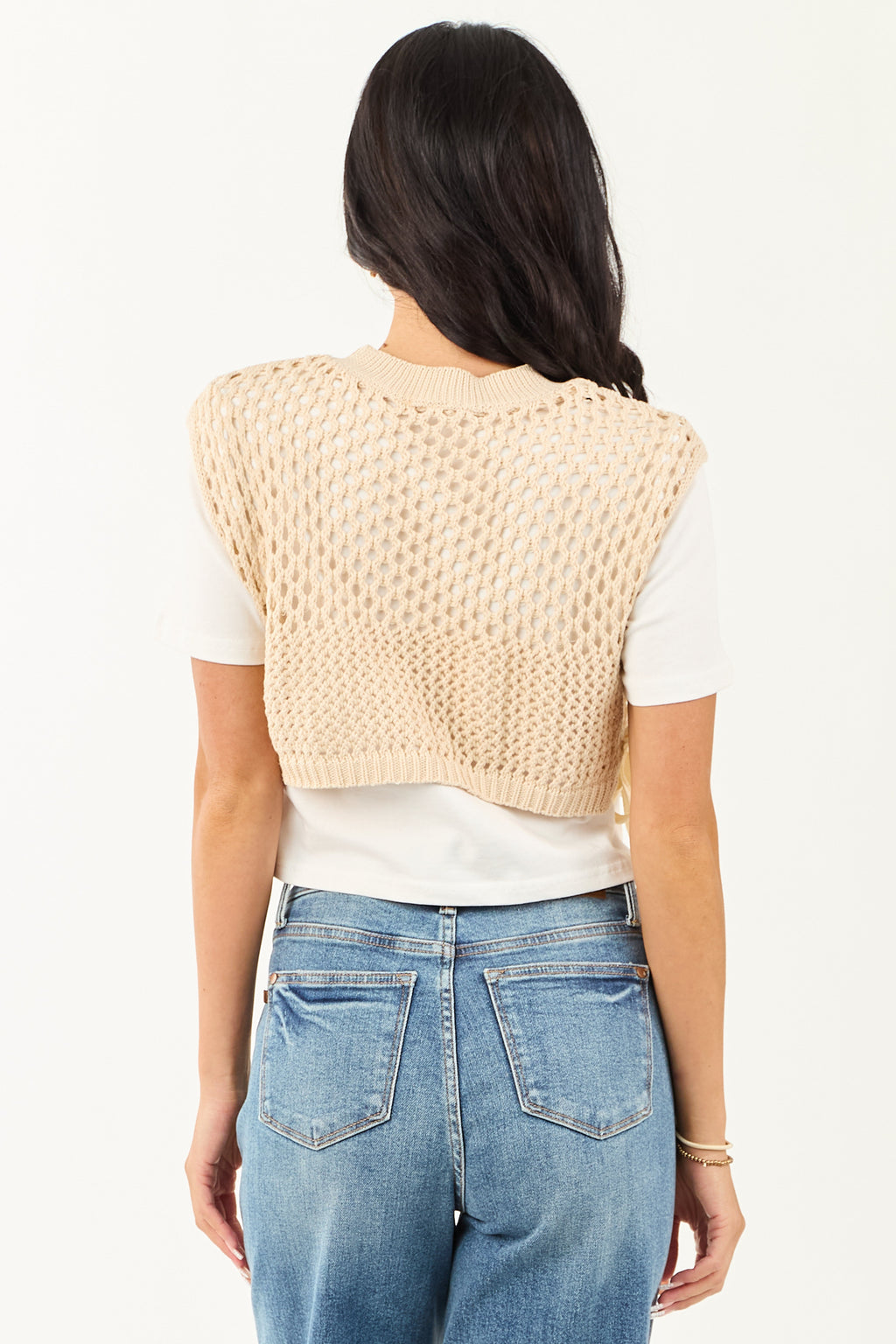 Sand Layered Crochet Short Sleeve Crop Top