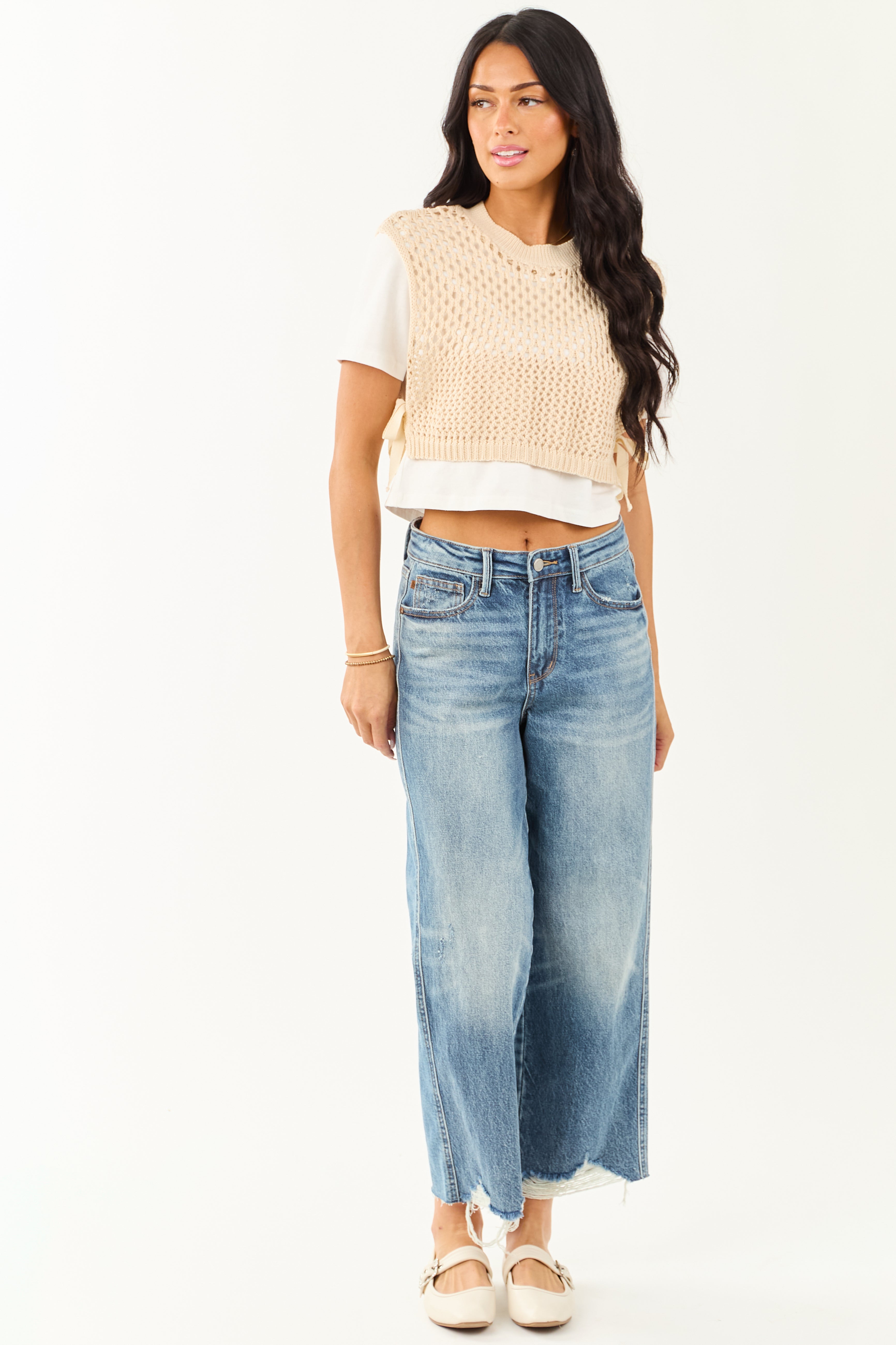 Sand Layered Crochet Short Sleeve Crop Top