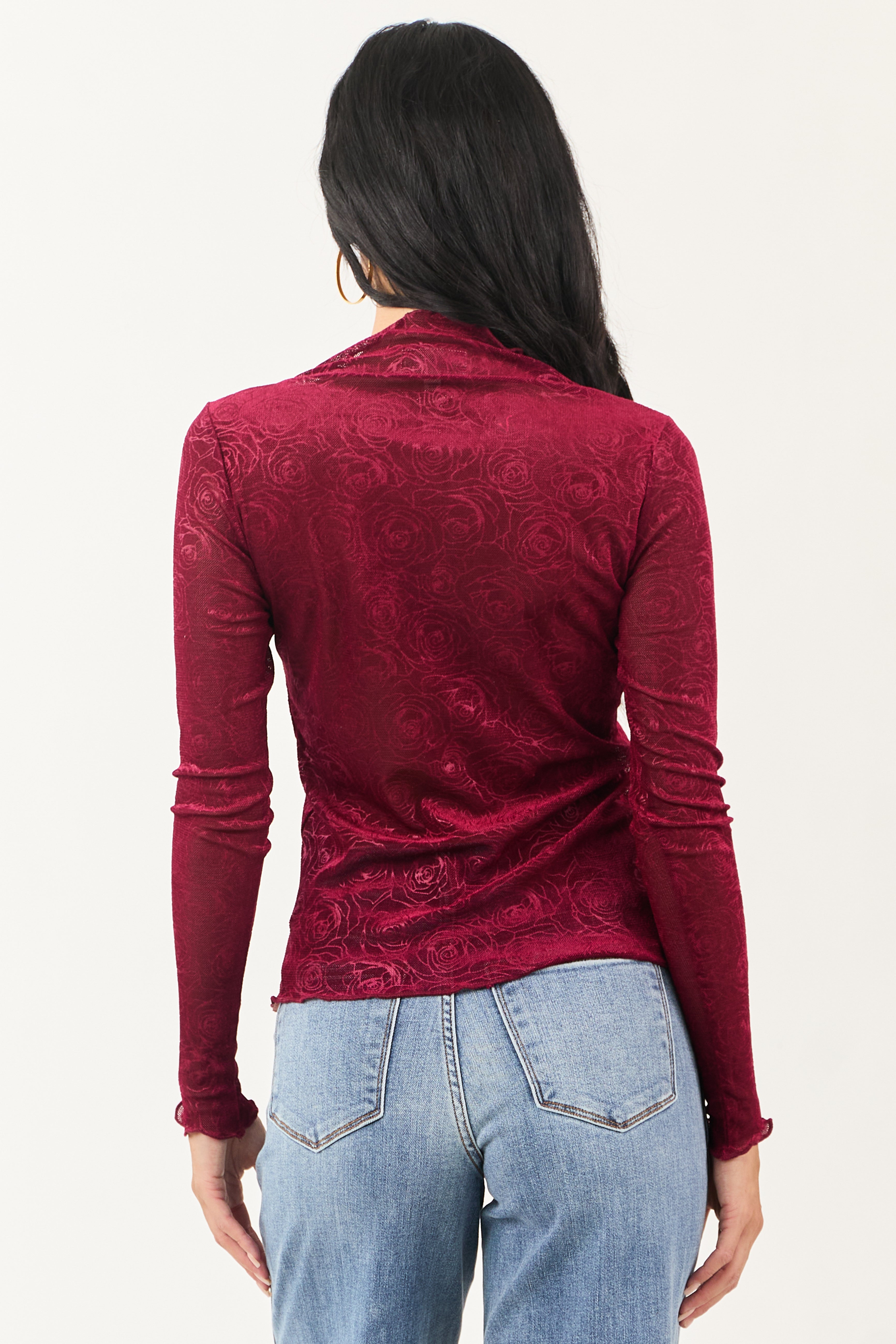 Sangria Rose Velvet Textured Mesh Long Sleeve Top