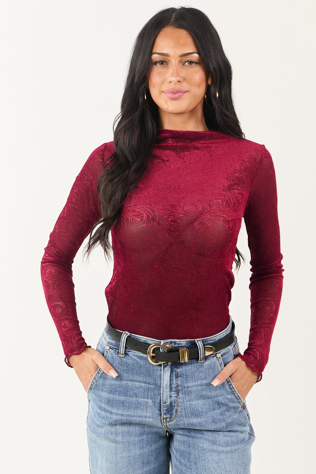 Sangria Rose Velvet Textured Mesh Long Sleeve Top