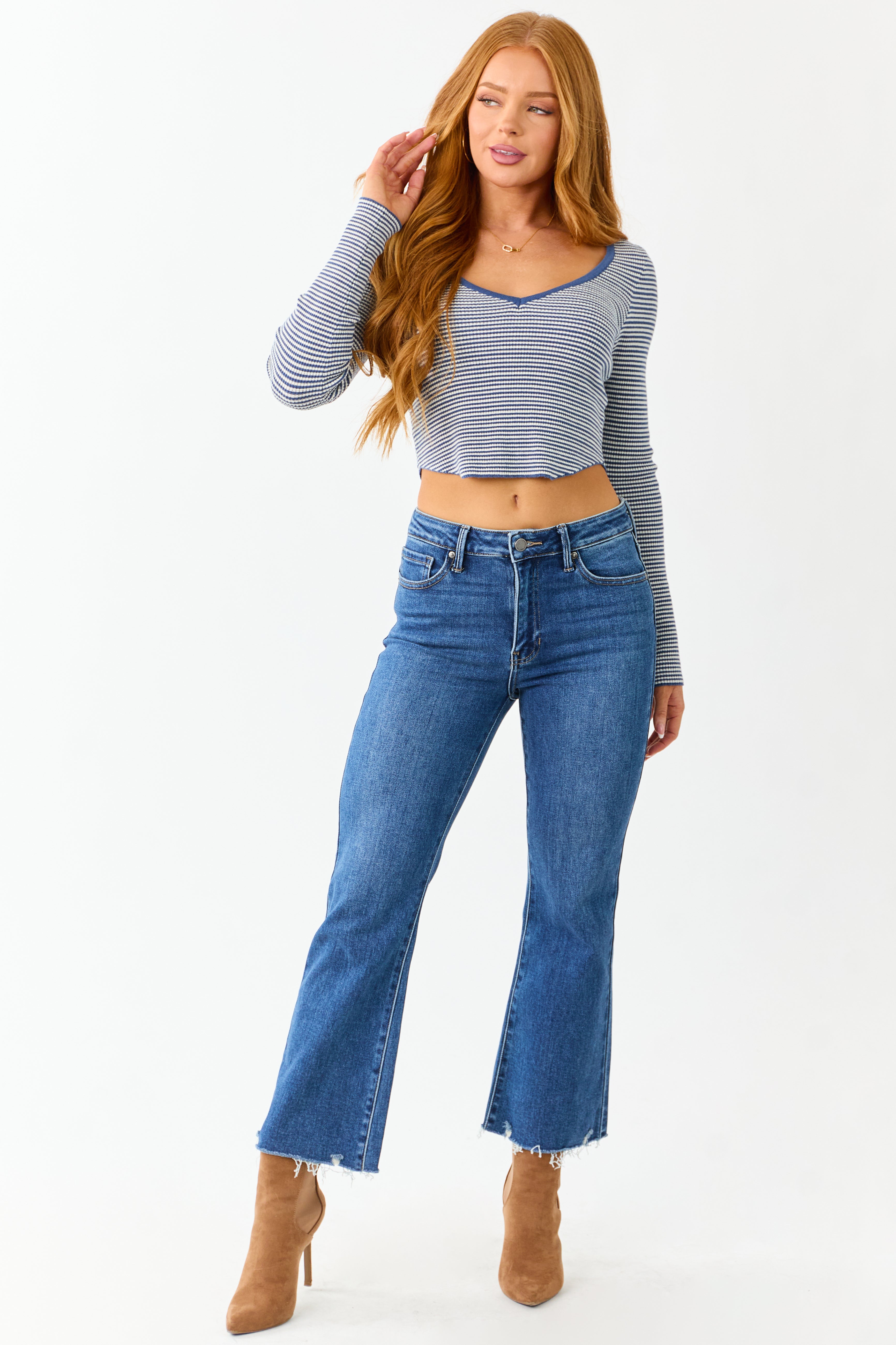Sapphire Striped Cropped V Neck Long Sleeve Top