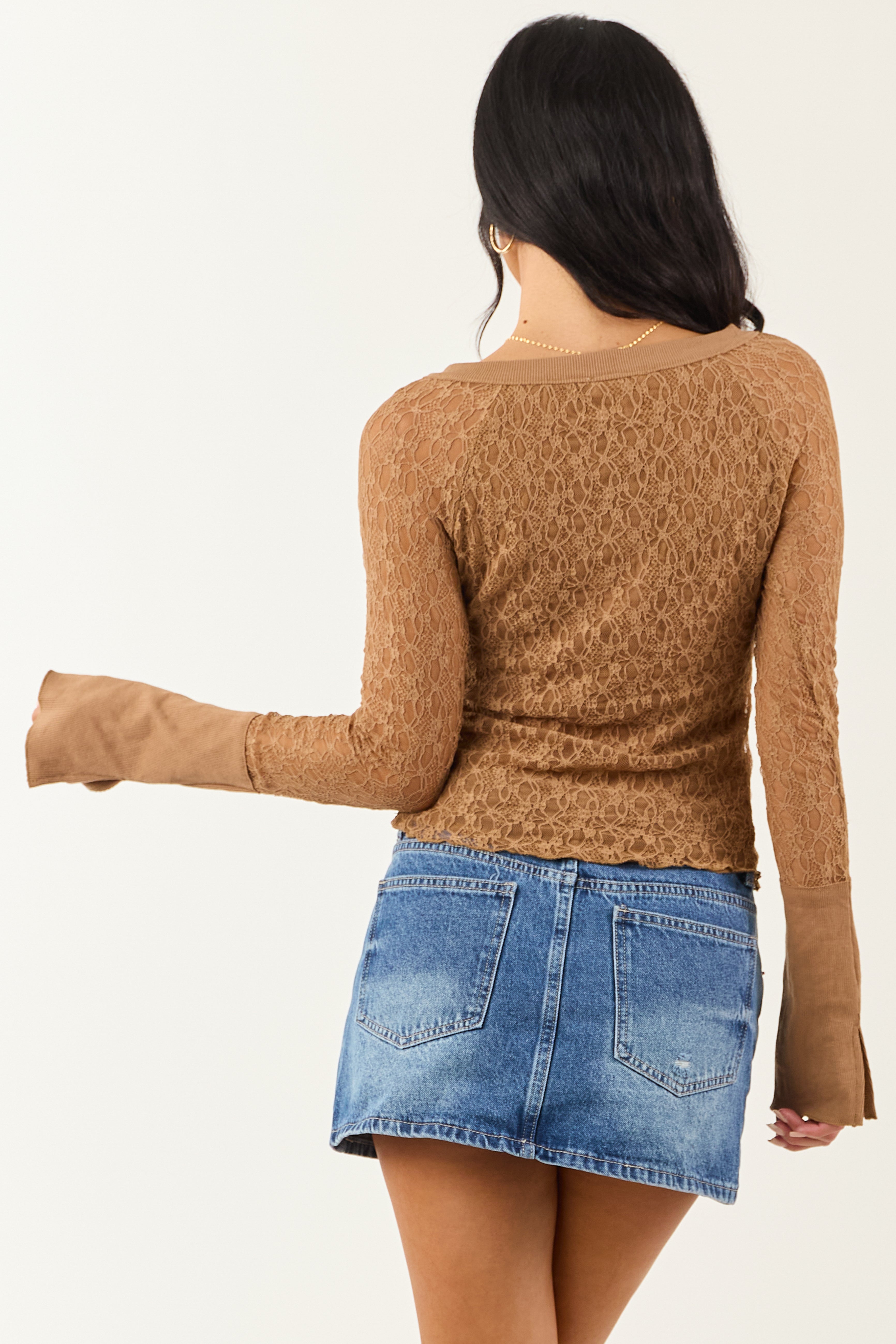 Sepia Lace Long Sleeve Henley Top