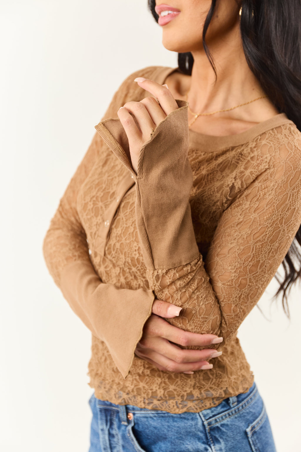 Sepia Lace Long Sleeve Henley Top