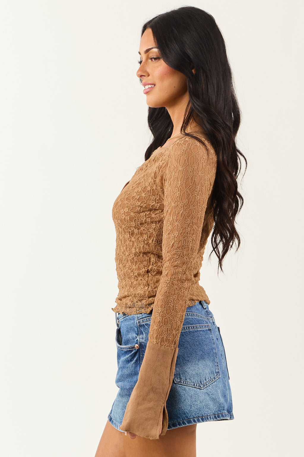 Sepia Lace Long Sleeve Henley Top
