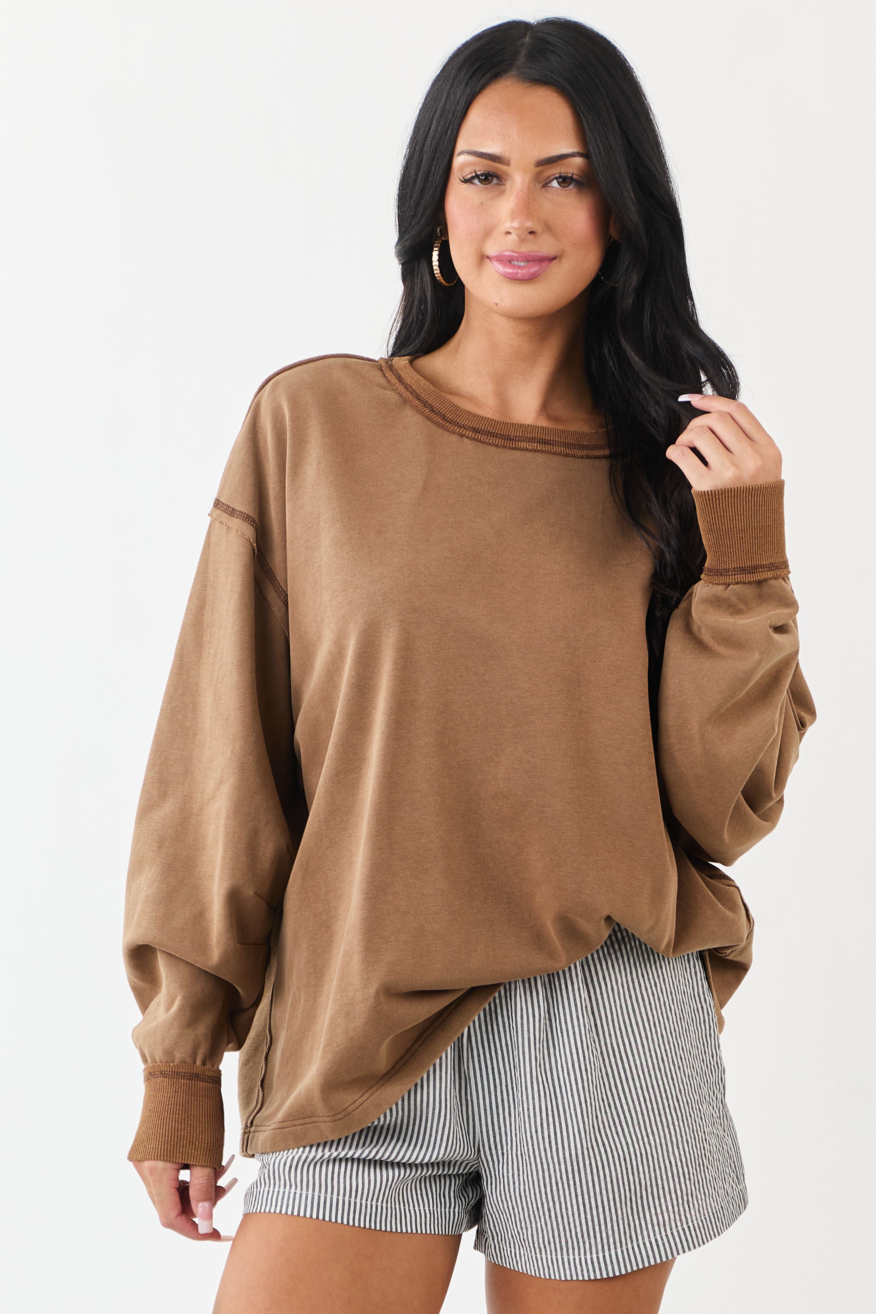Sepia Relaxed Long Raglan Sleeve Crew Neck Top