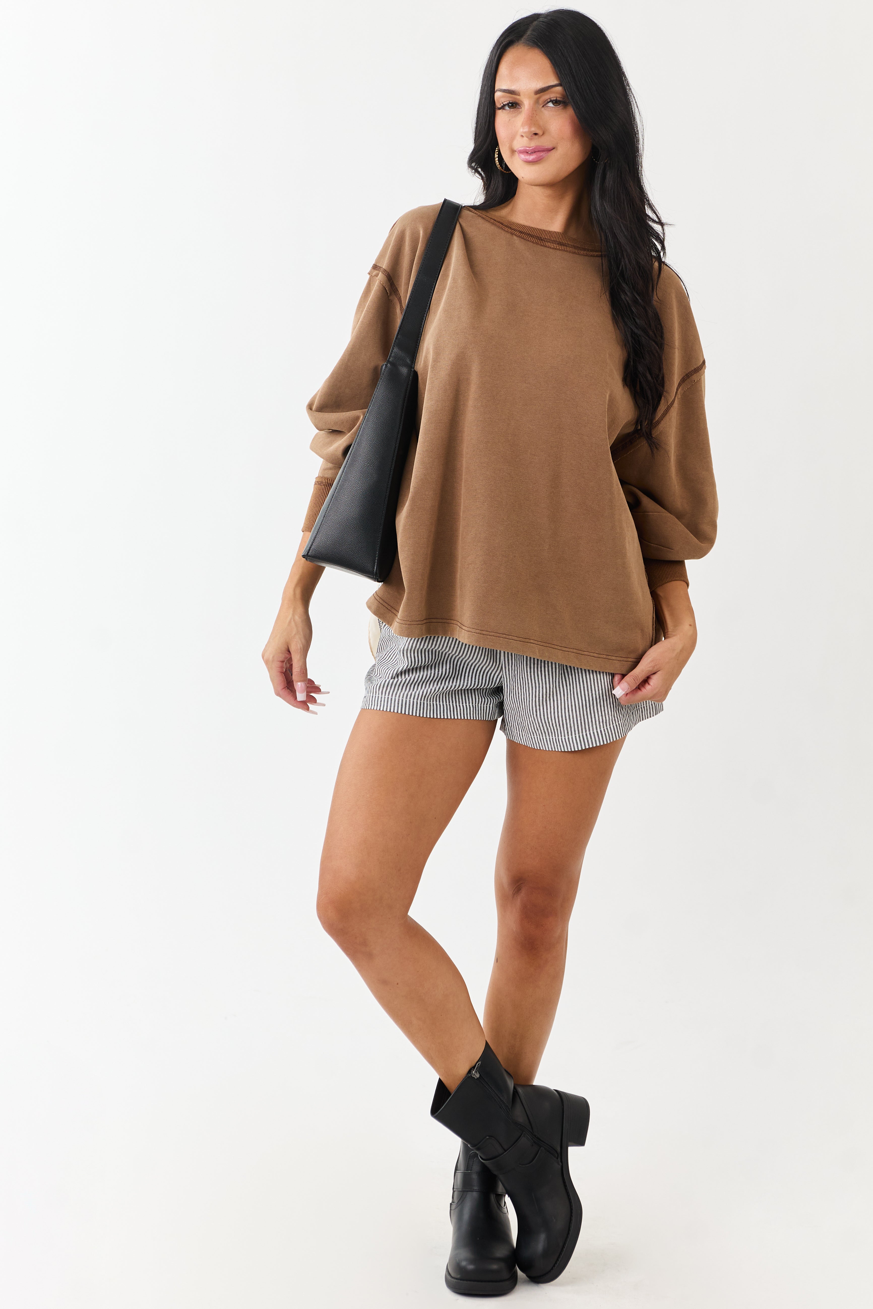 Sepia Relaxed Long Raglan Sleeve Crew Neck Top