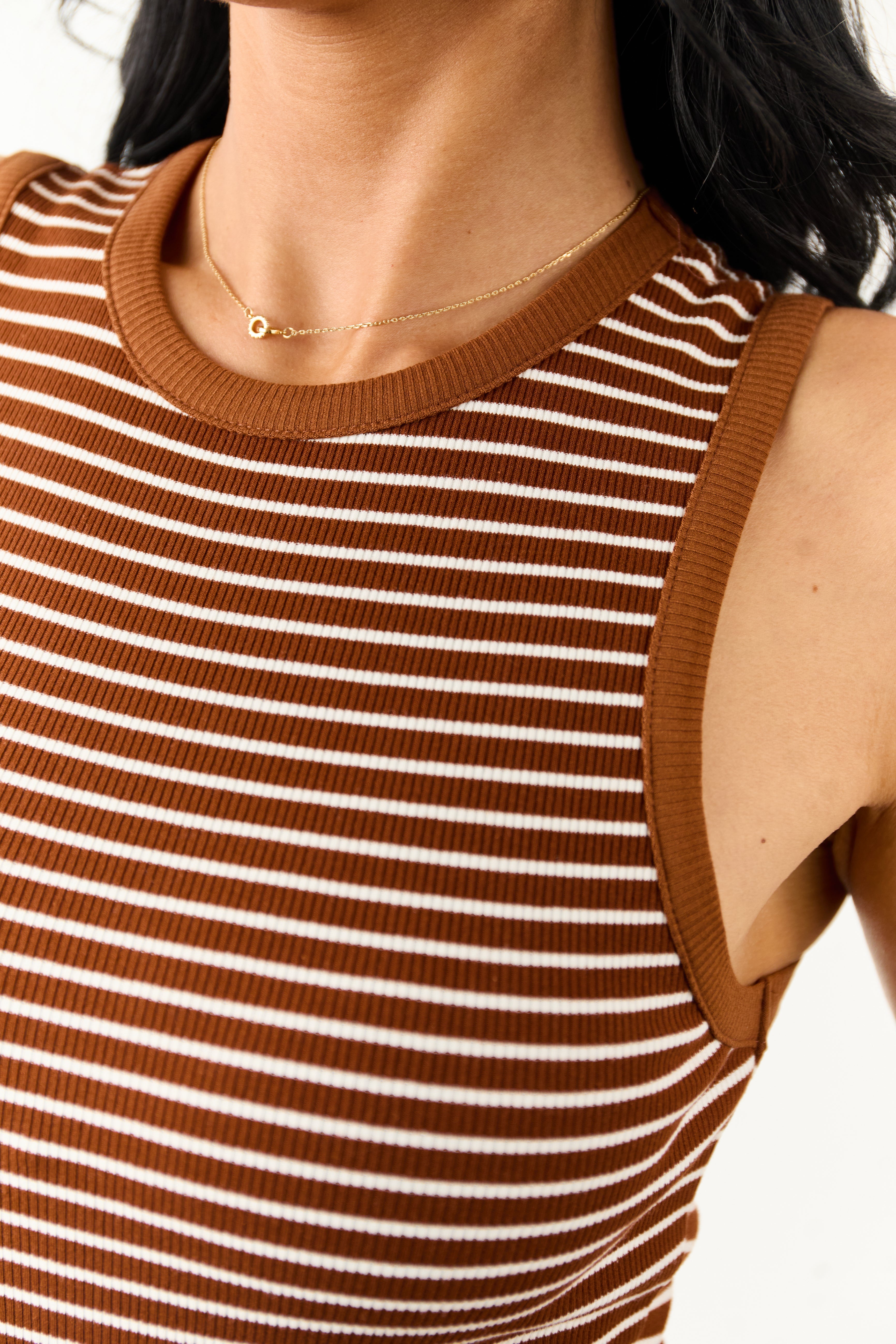 Sepia and Off White Striped Knit Tank Bodysuit