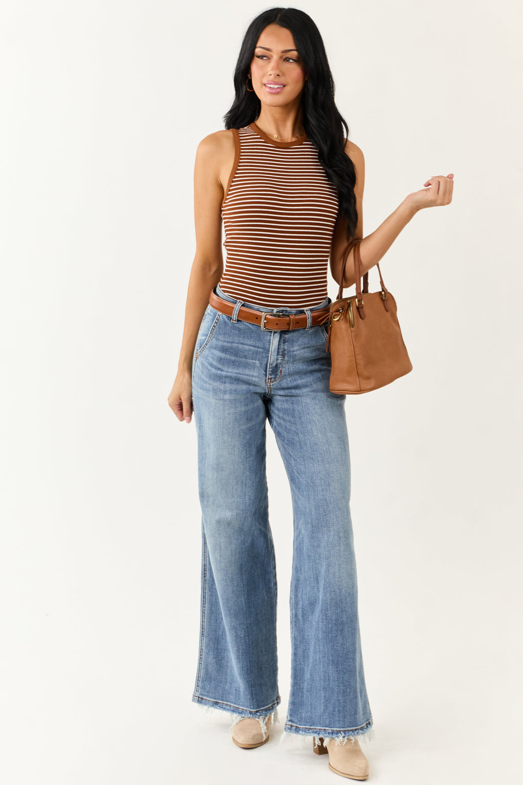 Sepia and Off White Striped Knit Tank Bodysuit