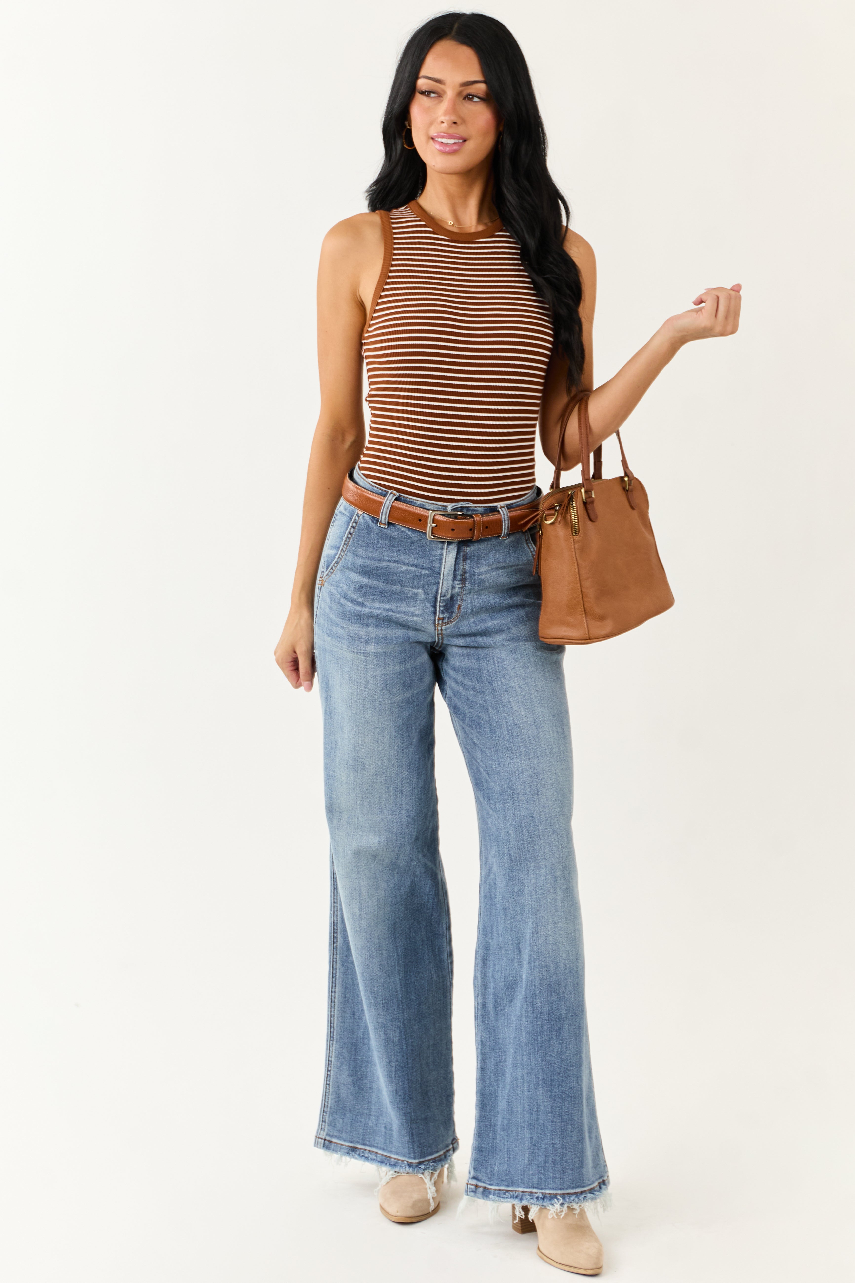 Sepia and Off White Striped Knit Tank Bodysuit