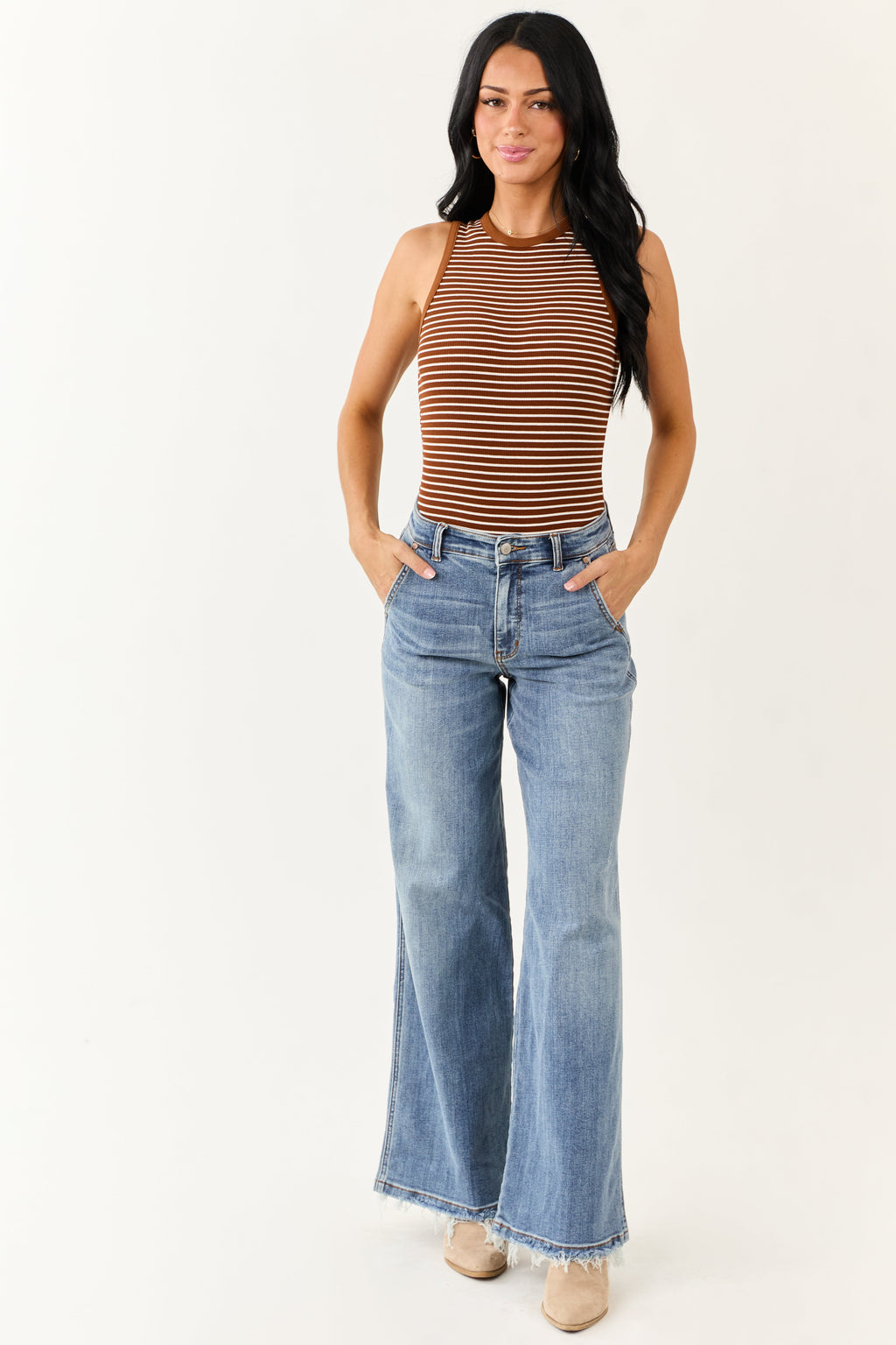 Sepia and Off White Striped Knit Tank Bodysuit