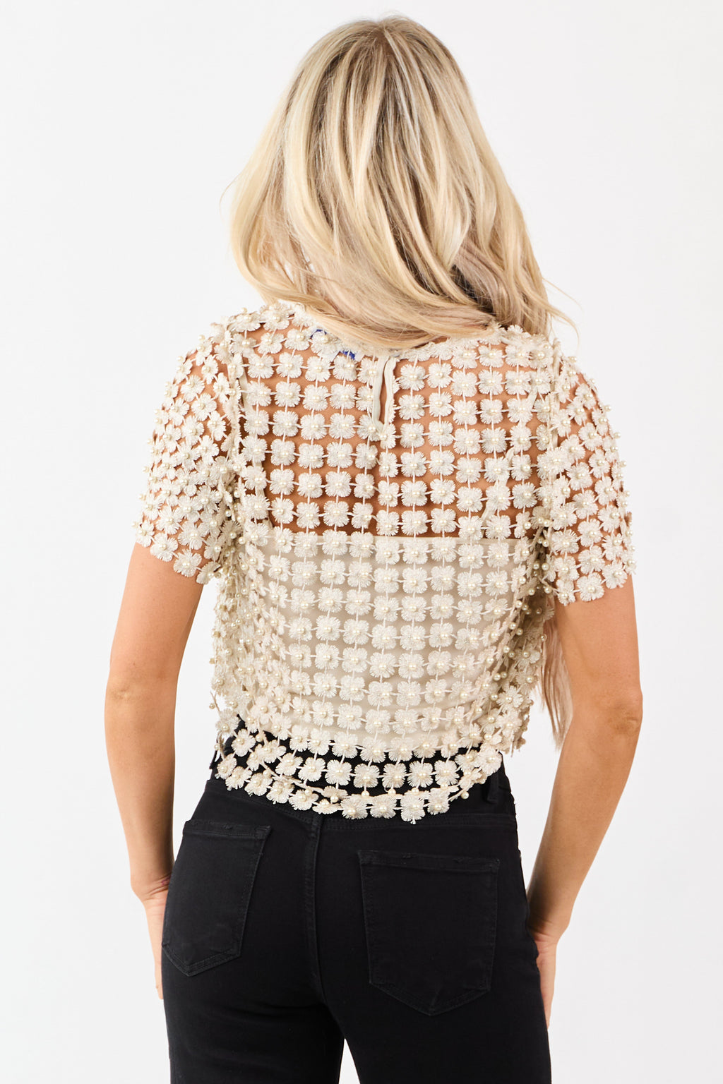 She+Sky Champagne Lurex Crochet Pearl Two Piece Top