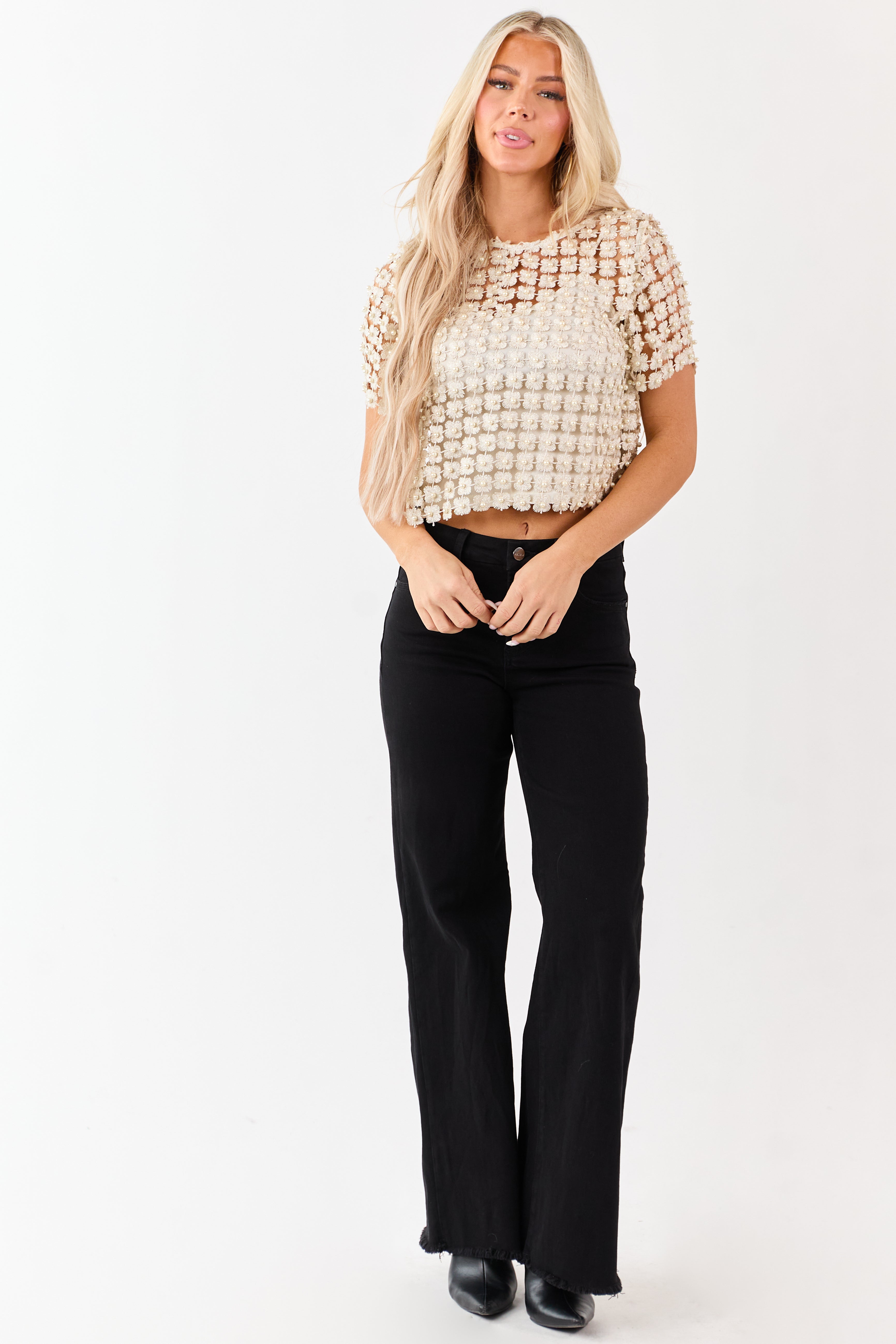 She+Sky Champagne Lurex Crochet Pearl Two Piece Top