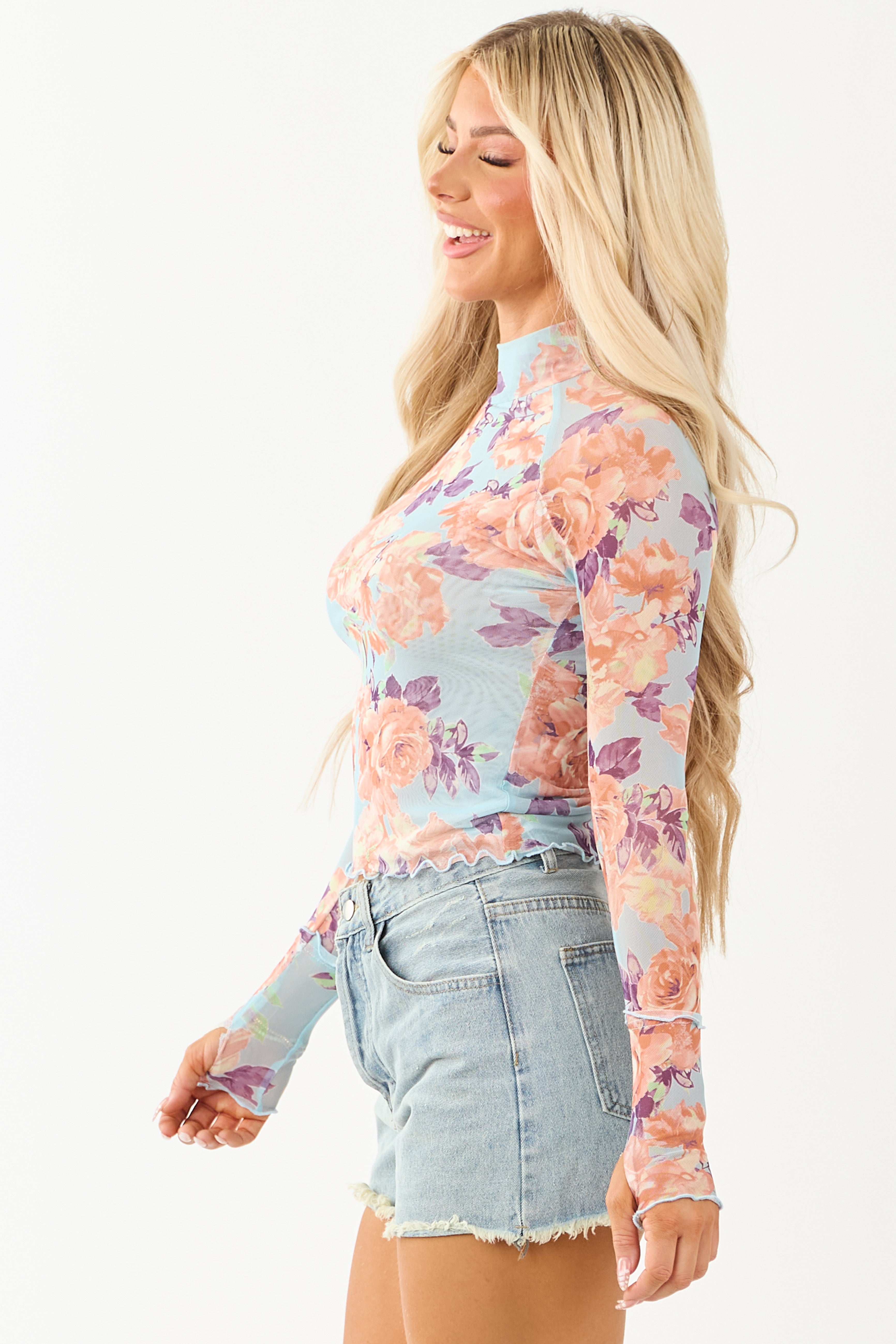 Sky Blue Floral Print Mock Neck Mesh Long Sleeve Top
