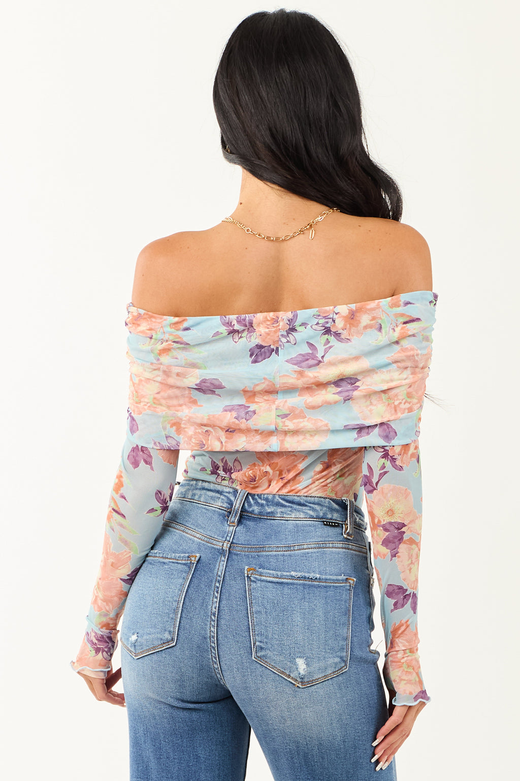 Sky Blue Floral Print Off the Shoulder Bodysuit