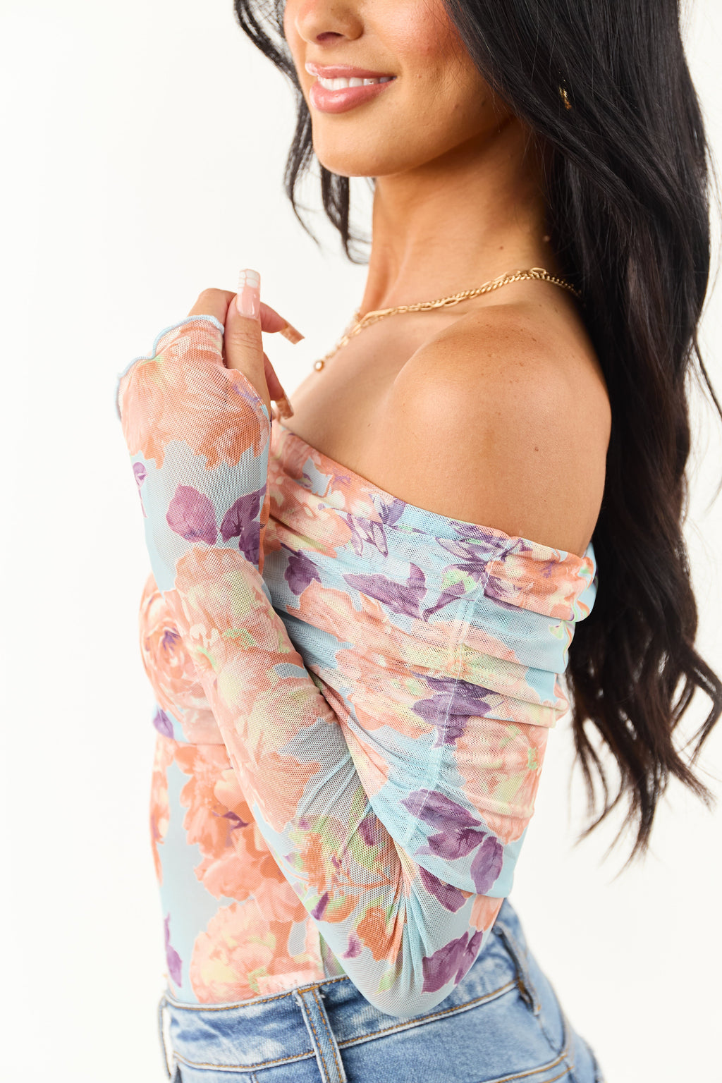 Sky Blue Floral Print Off the Shoulder Bodysuit