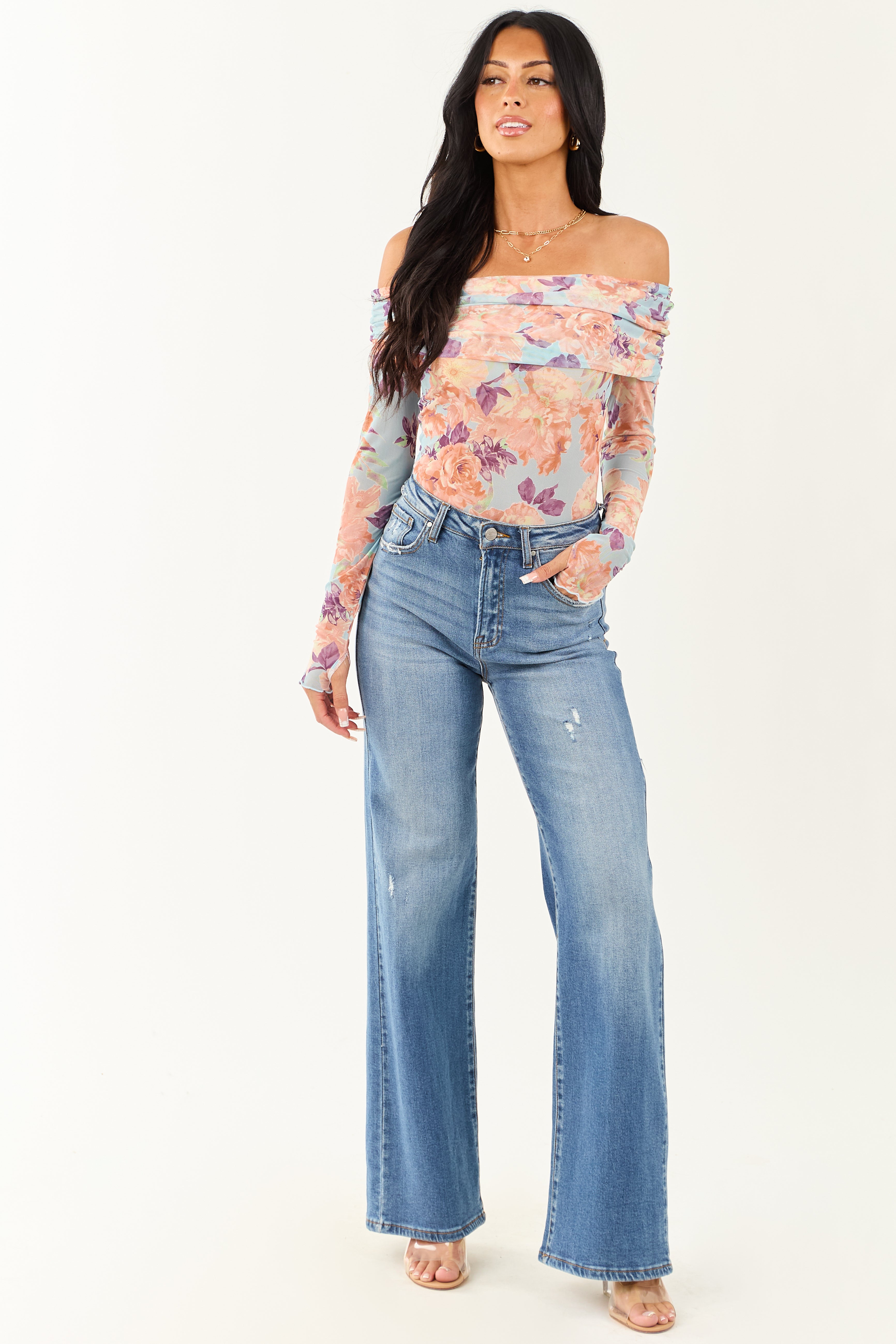 Sky Blue Floral Print Off the Shoulder Bodysuit