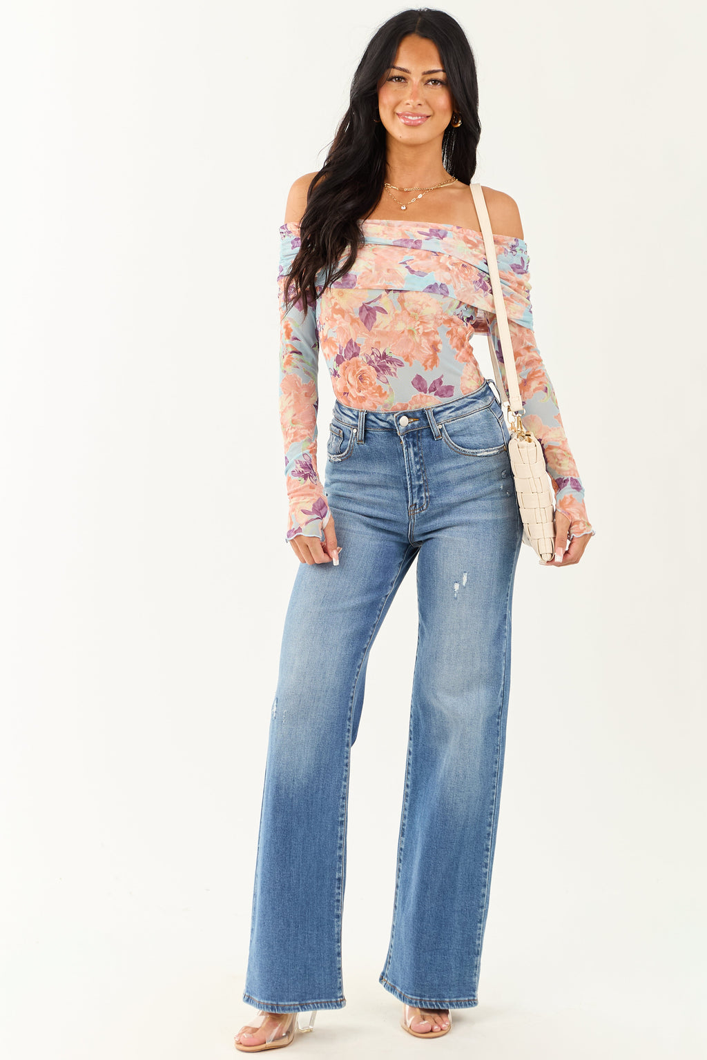 Sky Blue Floral Print Off the Shoulder Bodysuit