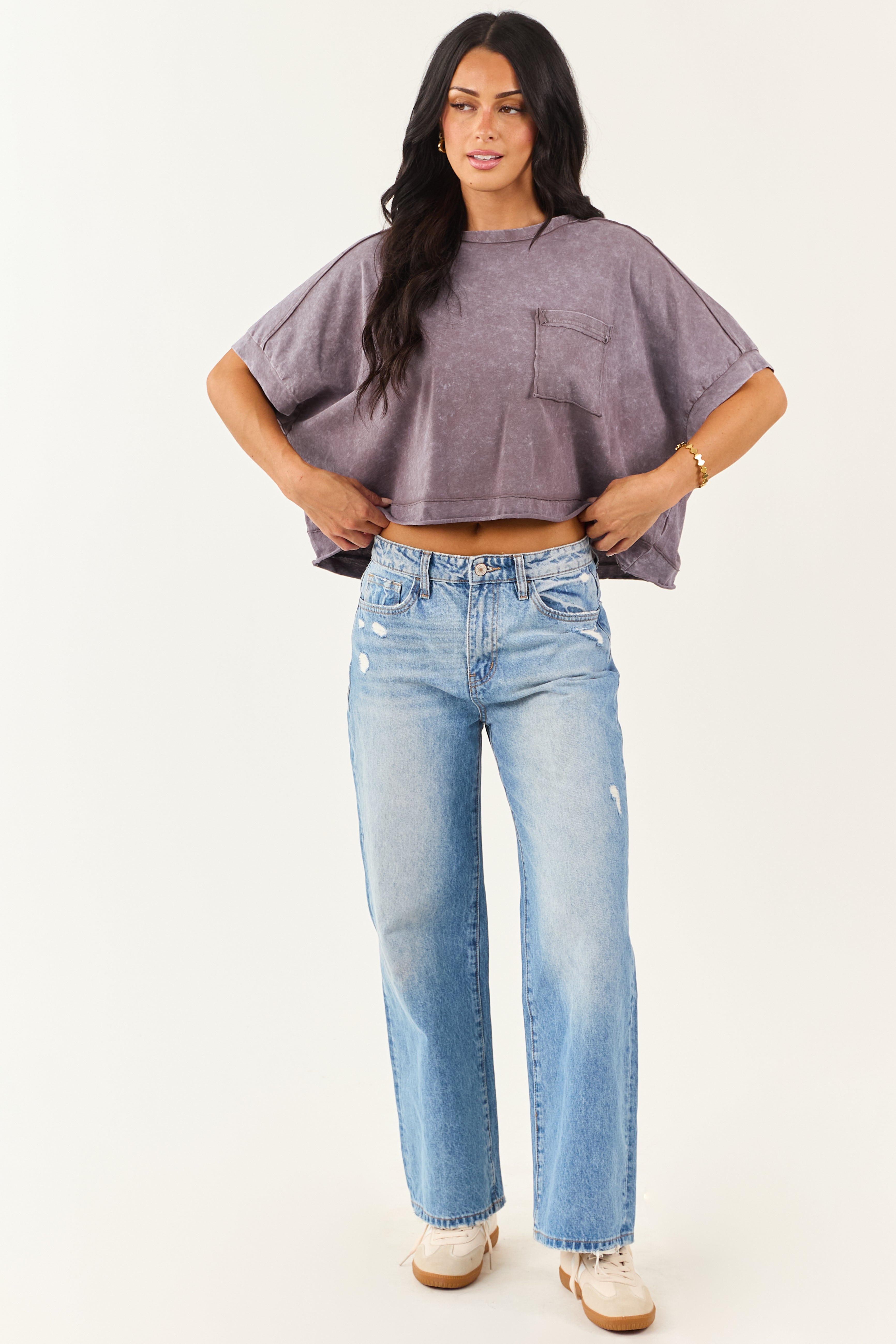 Slate Mineral Wash Semi Cropped Boxy Cotton Tee