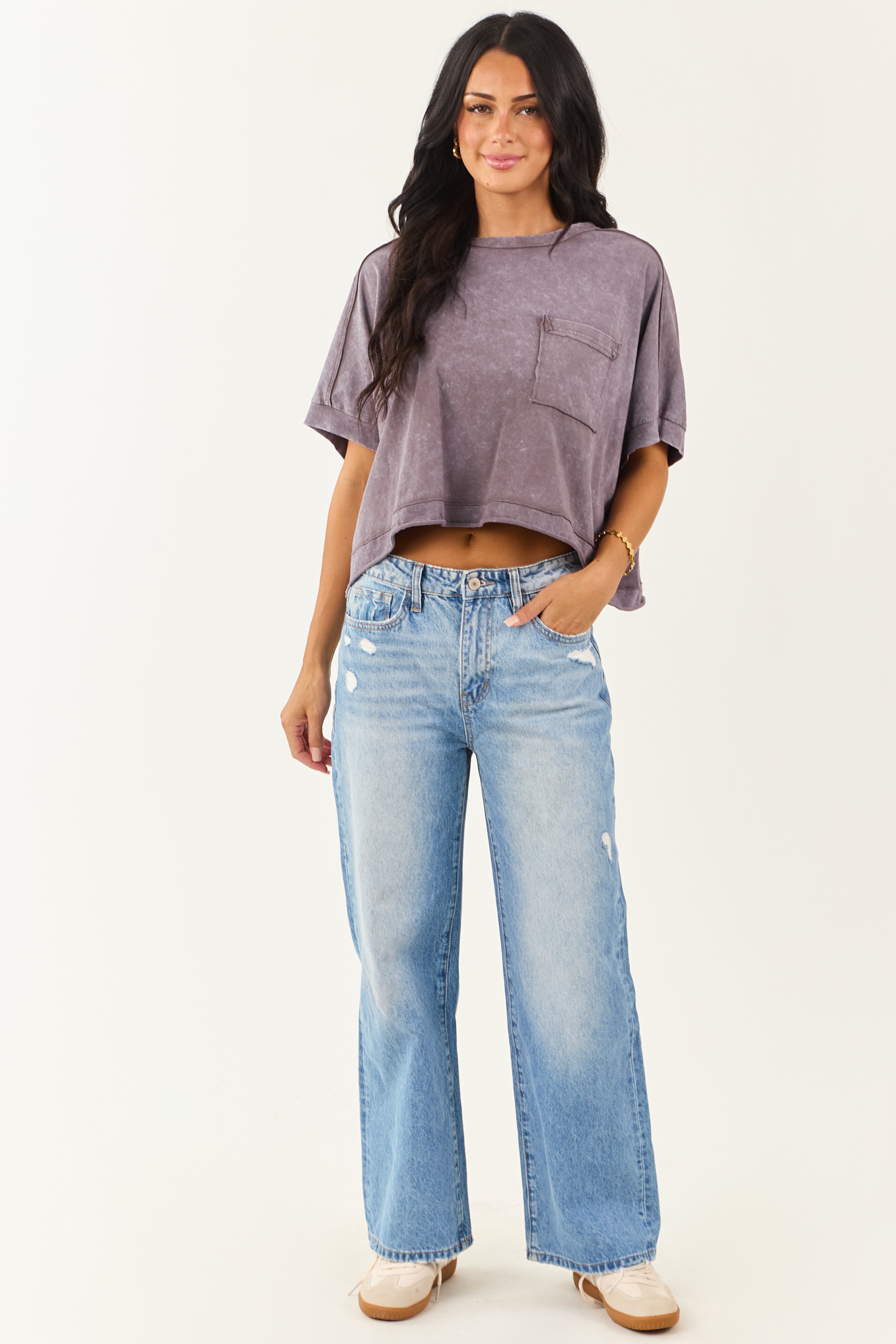 Slate Mineral Wash Semi Cropped Boxy Cotton Tee