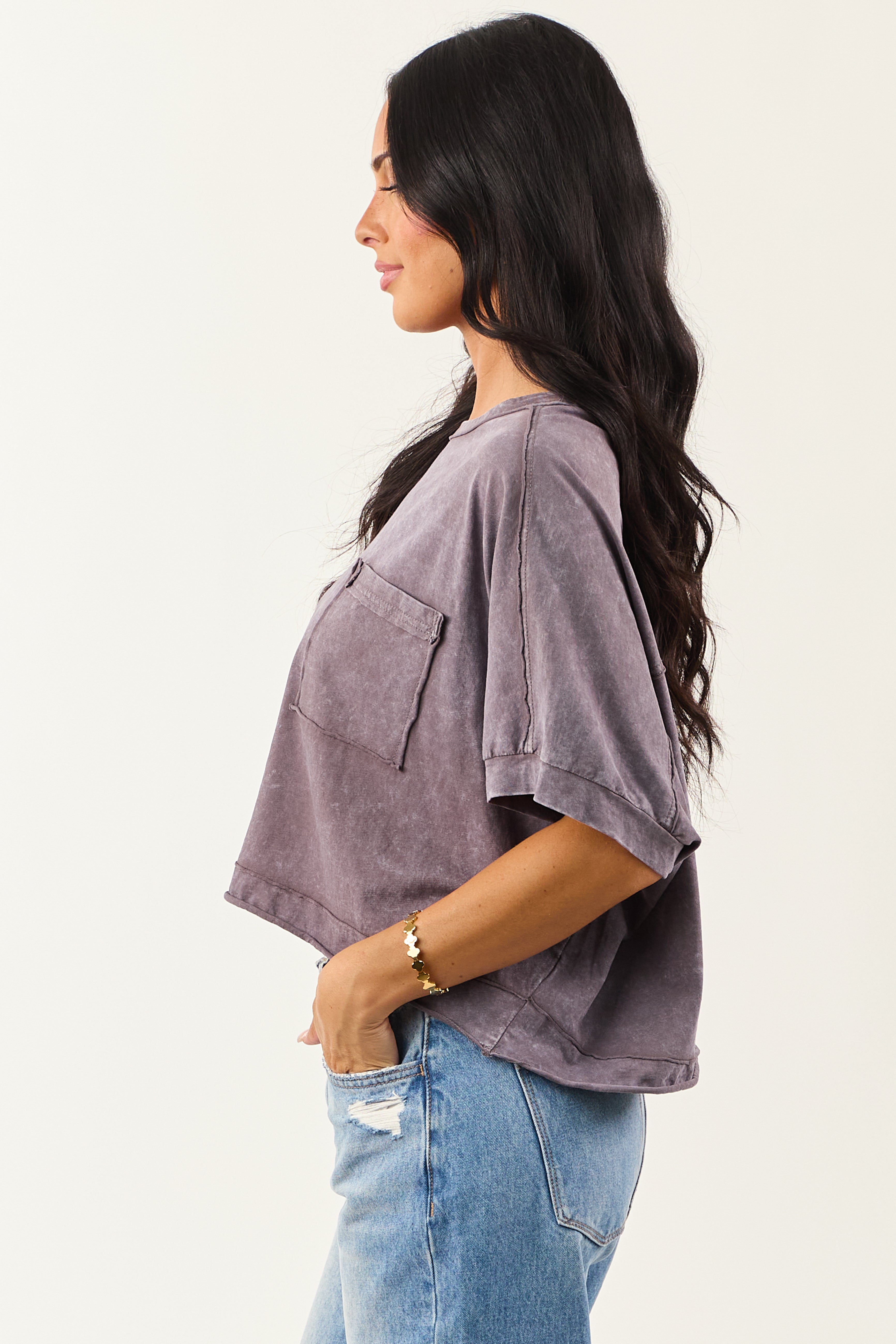 Slate Mineral Wash Semi Cropped Boxy Cotton Tee