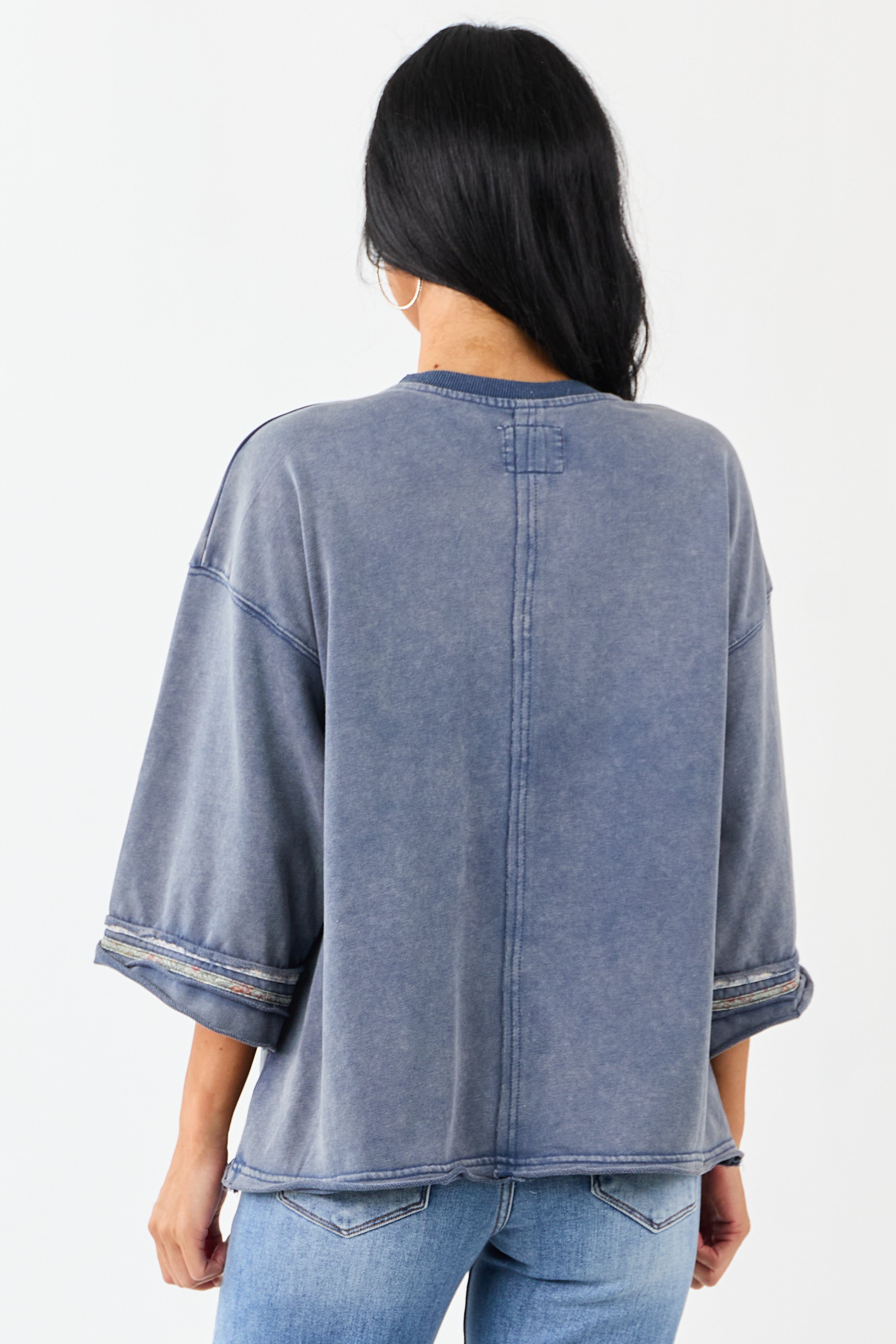 Steel Blue Mineral Wash Peace Sign Patchwork Top