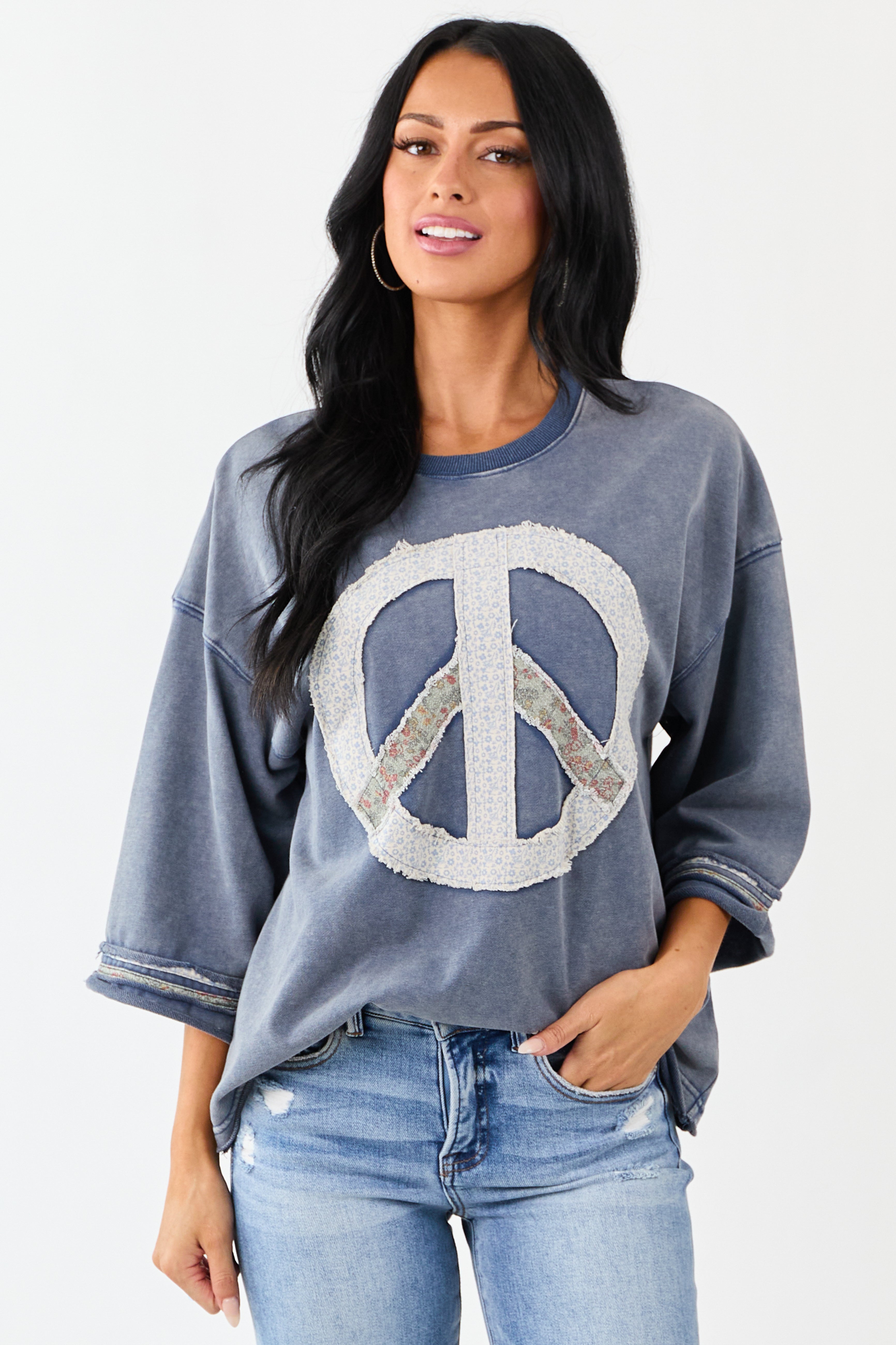 Steel Blue Mineral Wash Peace Sign Patchwork Top