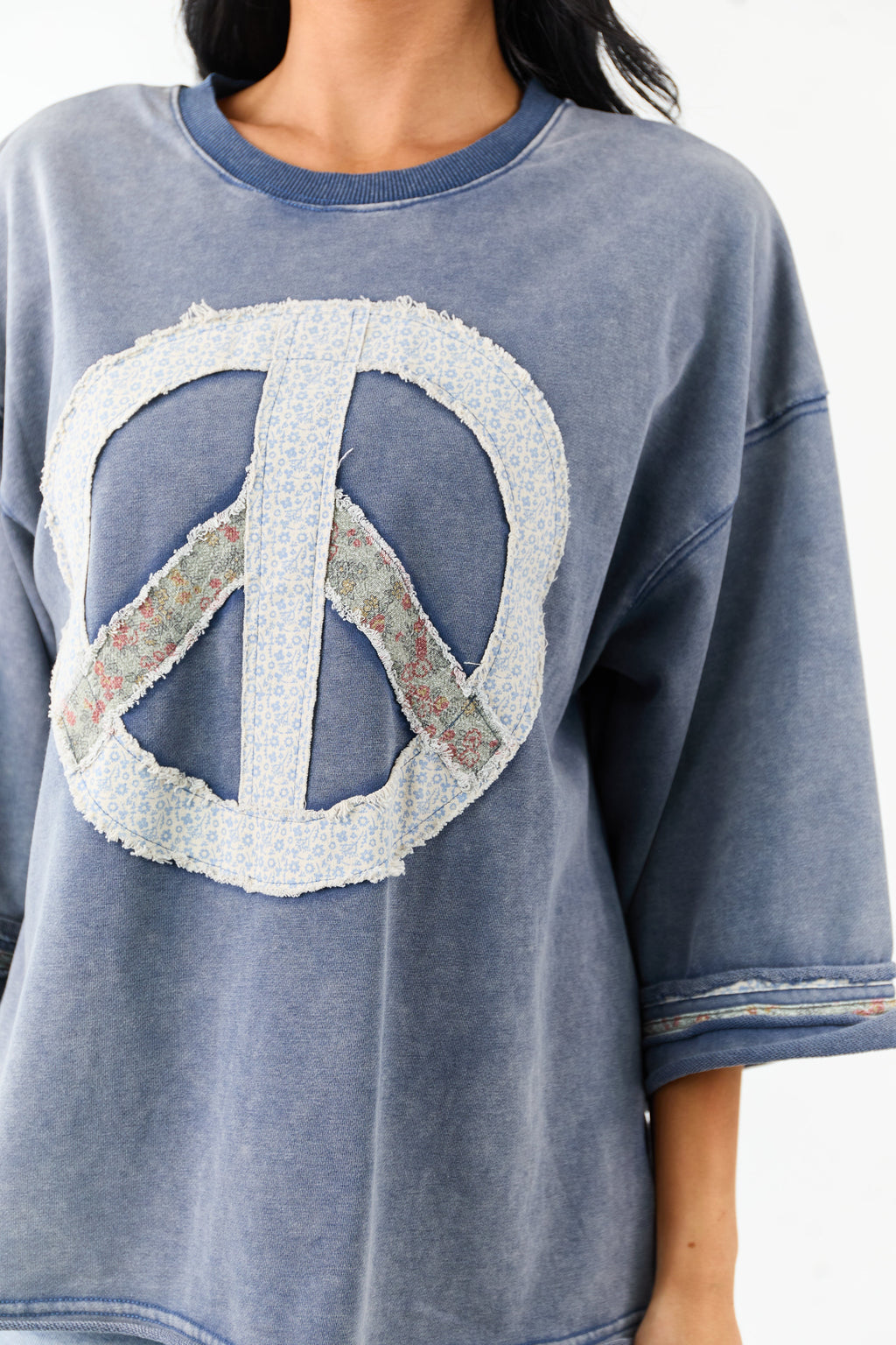 Steel Blue Mineral Wash Peace Sign Patchwork Top