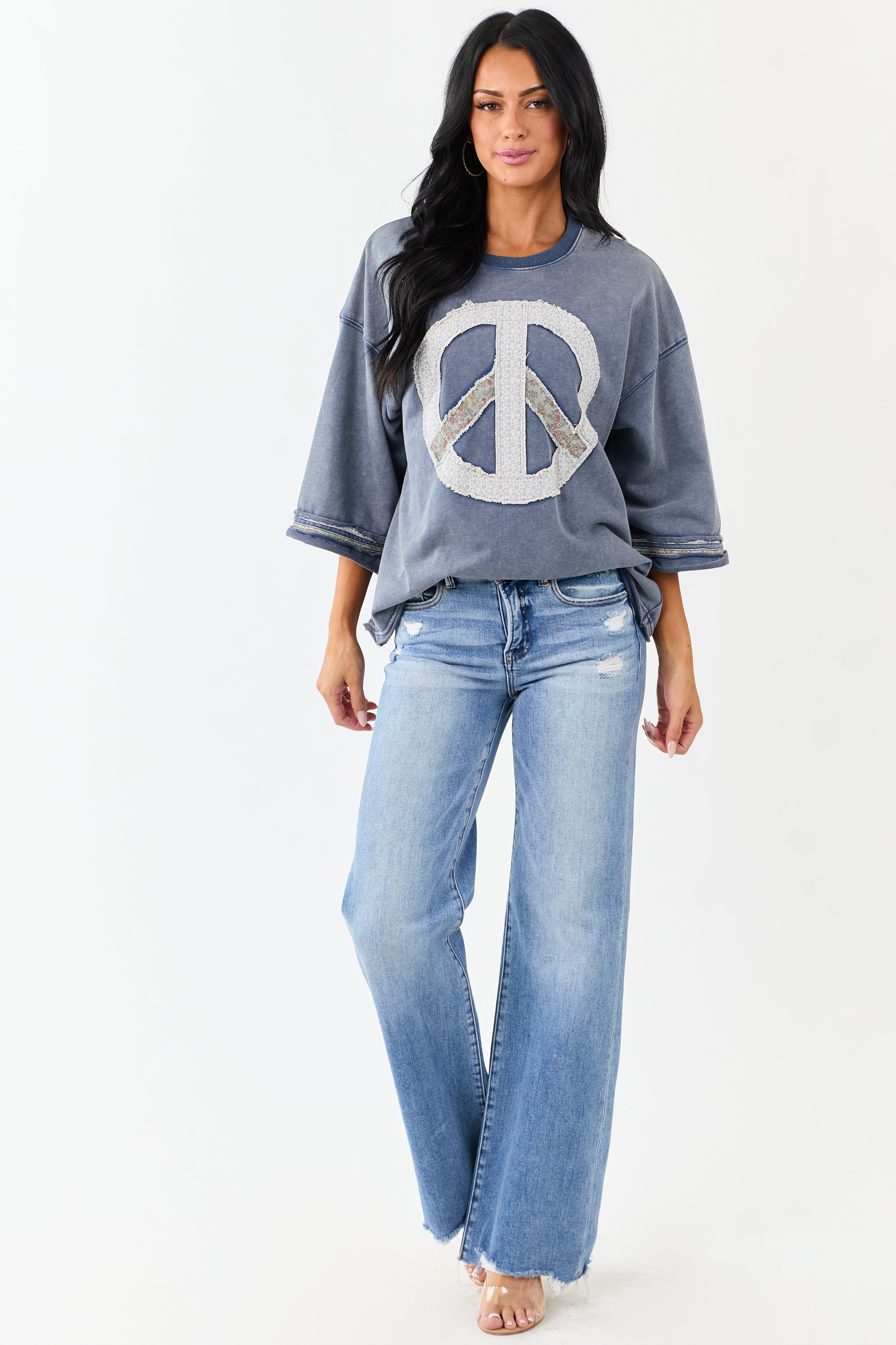 Steel Blue Mineral Wash Peace Sign Patchwork Top