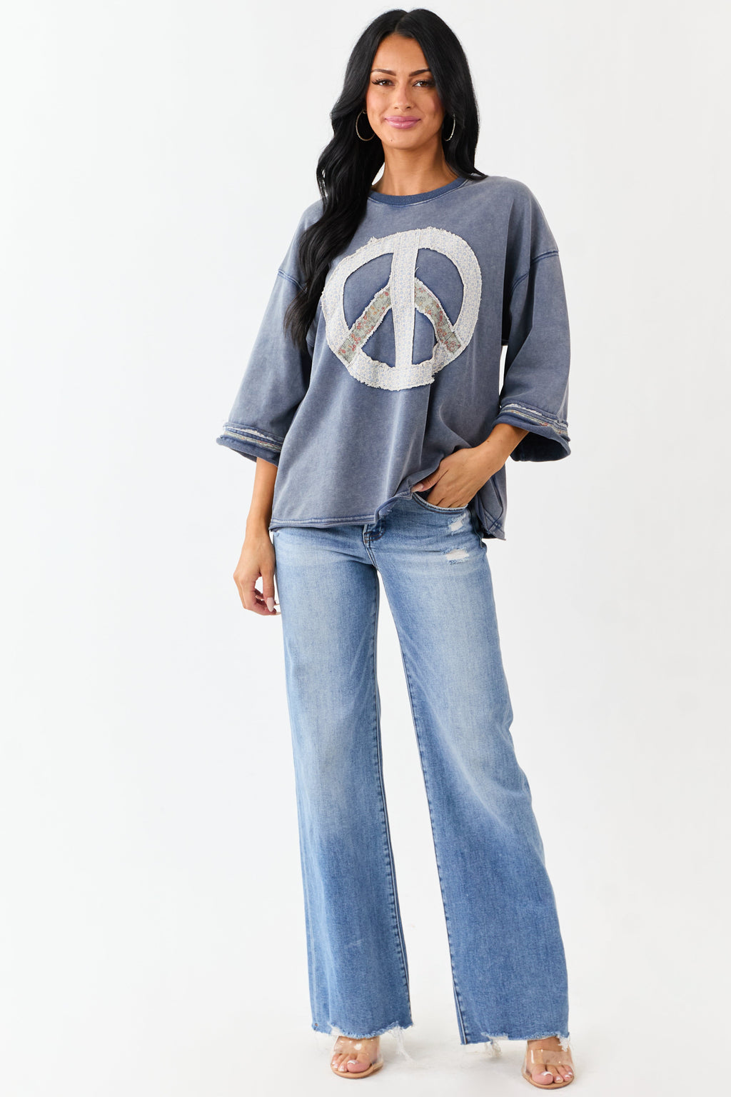 Steel Blue Mineral Wash Peace Sign Patchwork Top