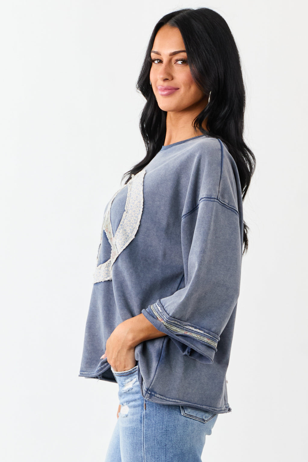 Steel Blue Mineral Wash Peace Sign Patchwork Top
