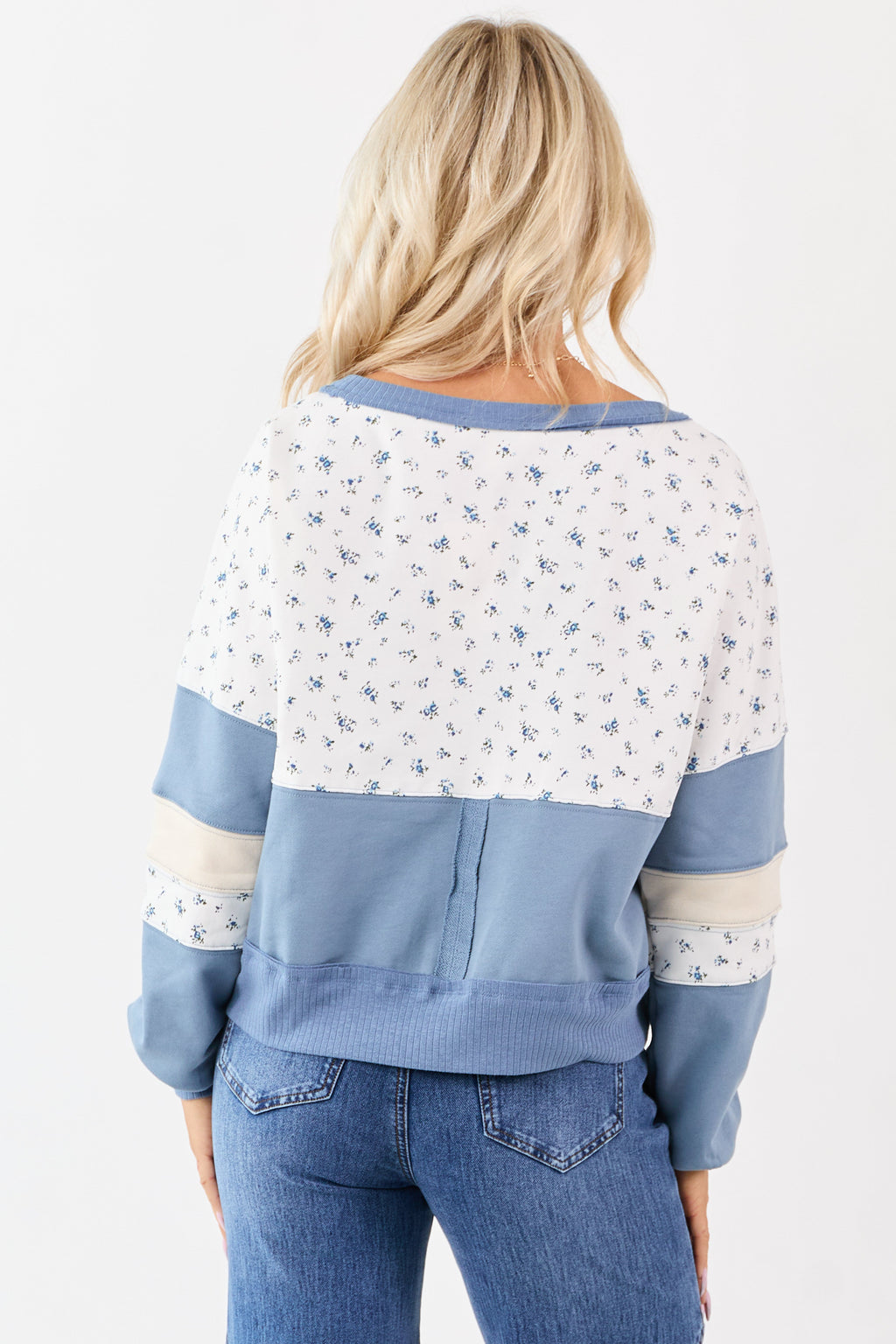 Steel Blue Patchwork Long Sleeve Sweatshirt