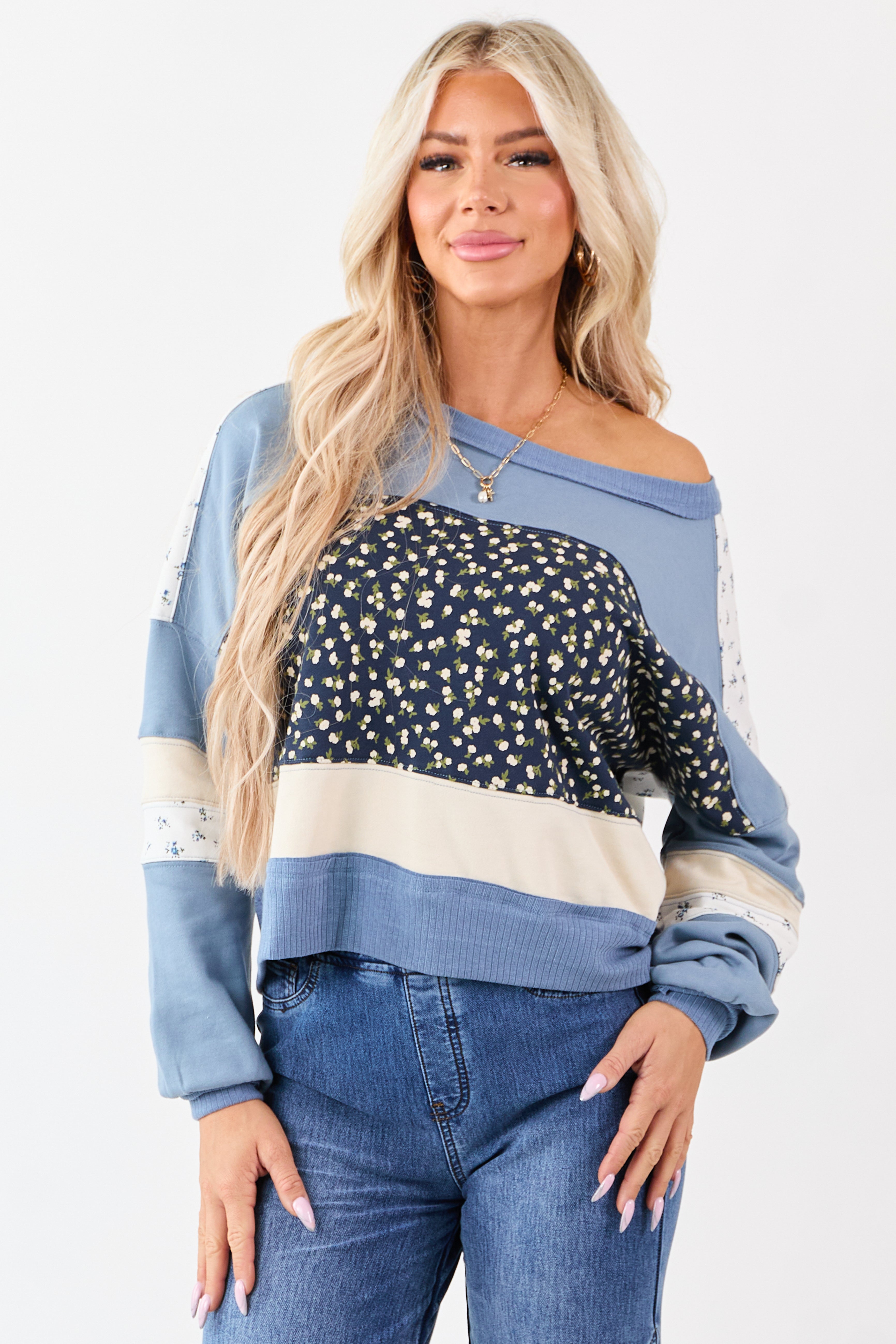 Steel Blue Patchwork Long Sleeve Sweatshirt