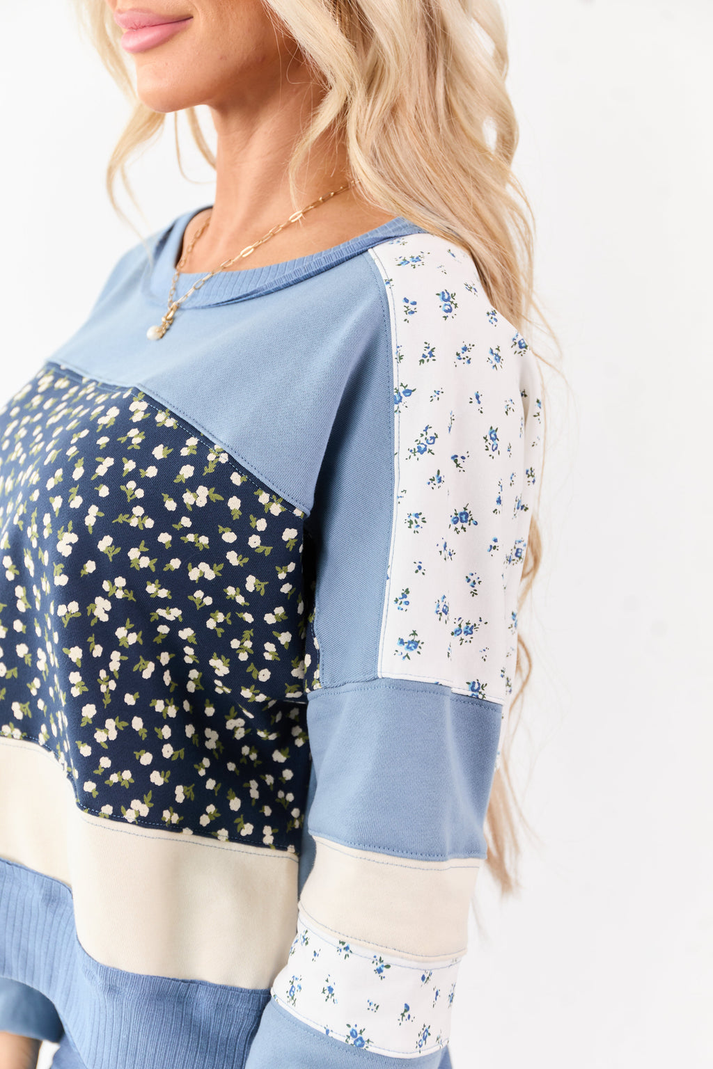 Steel Blue Patchwork Long Sleeve Sweatshirt