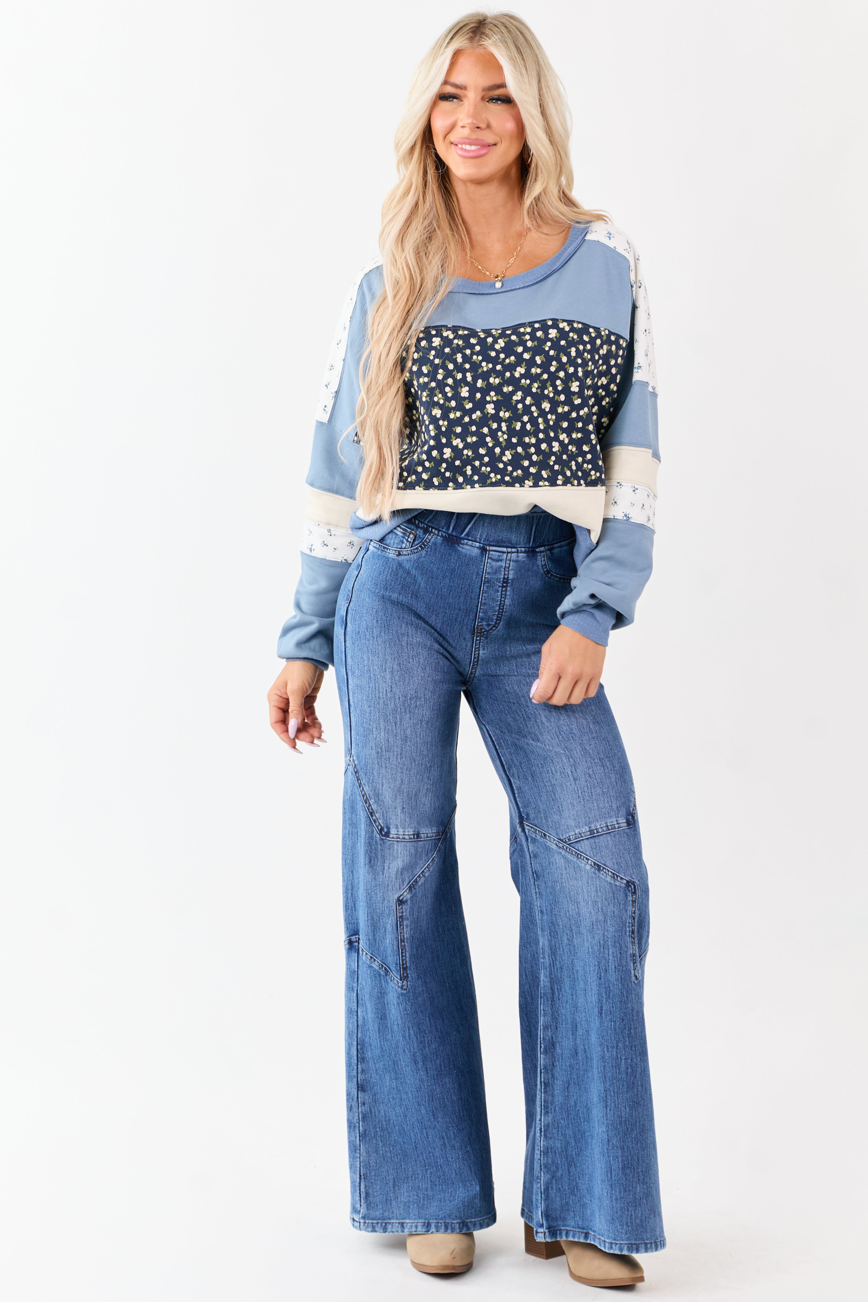 Steel Blue Patchwork Long Sleeve Sweatshirt