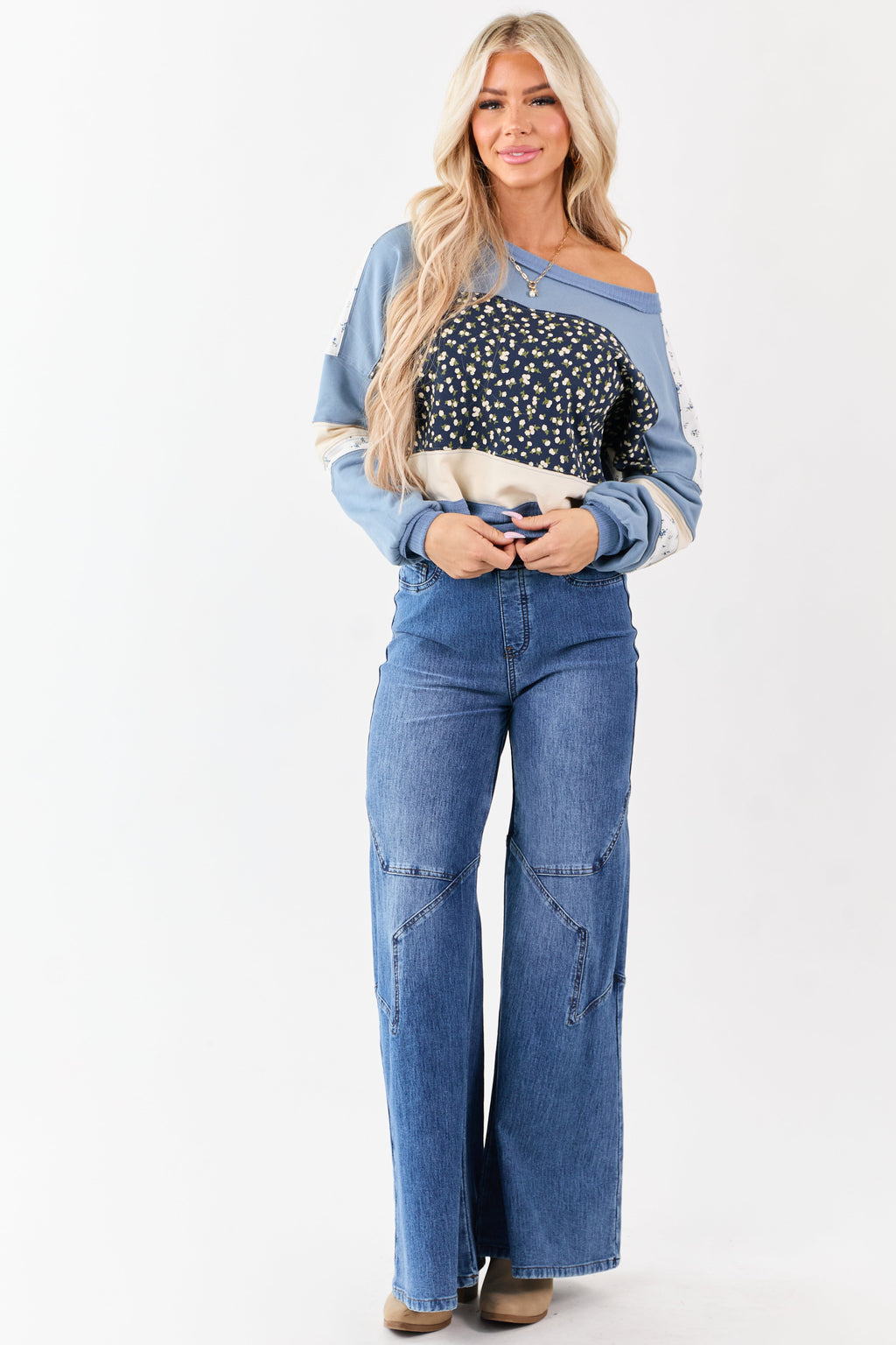 Steel Blue Patchwork Long Sleeve Sweatshirt