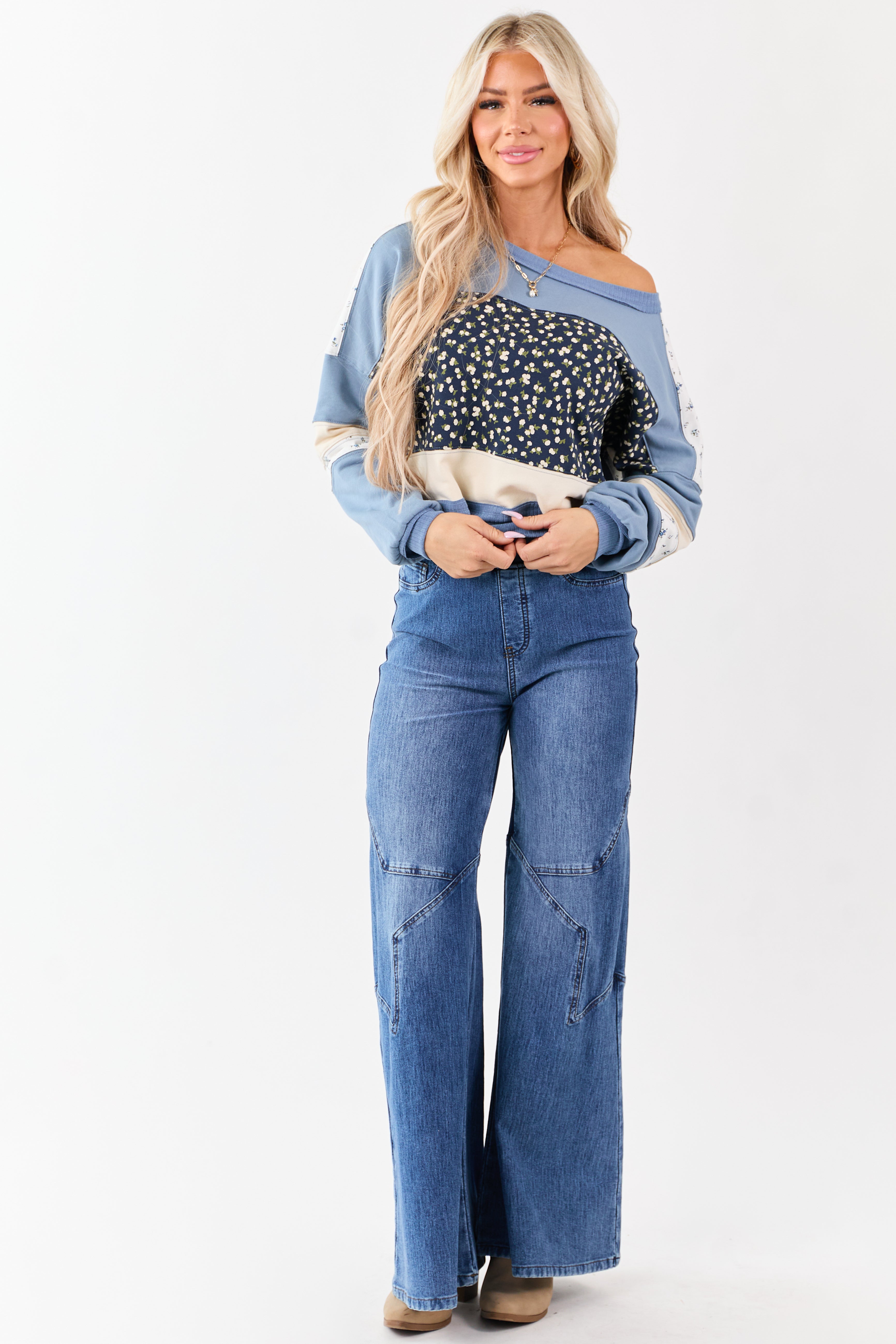 Steel Blue Patchwork Long Sleeve Sweatshirt