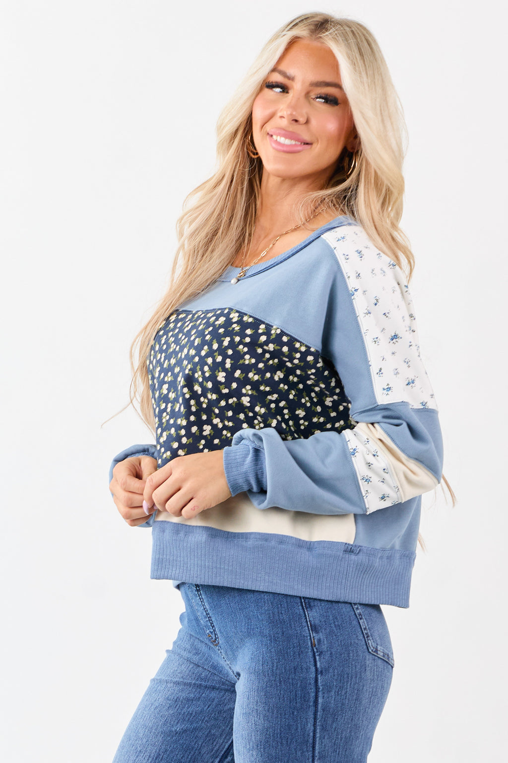 Steel Blue Patchwork Long Sleeve Sweatshirt