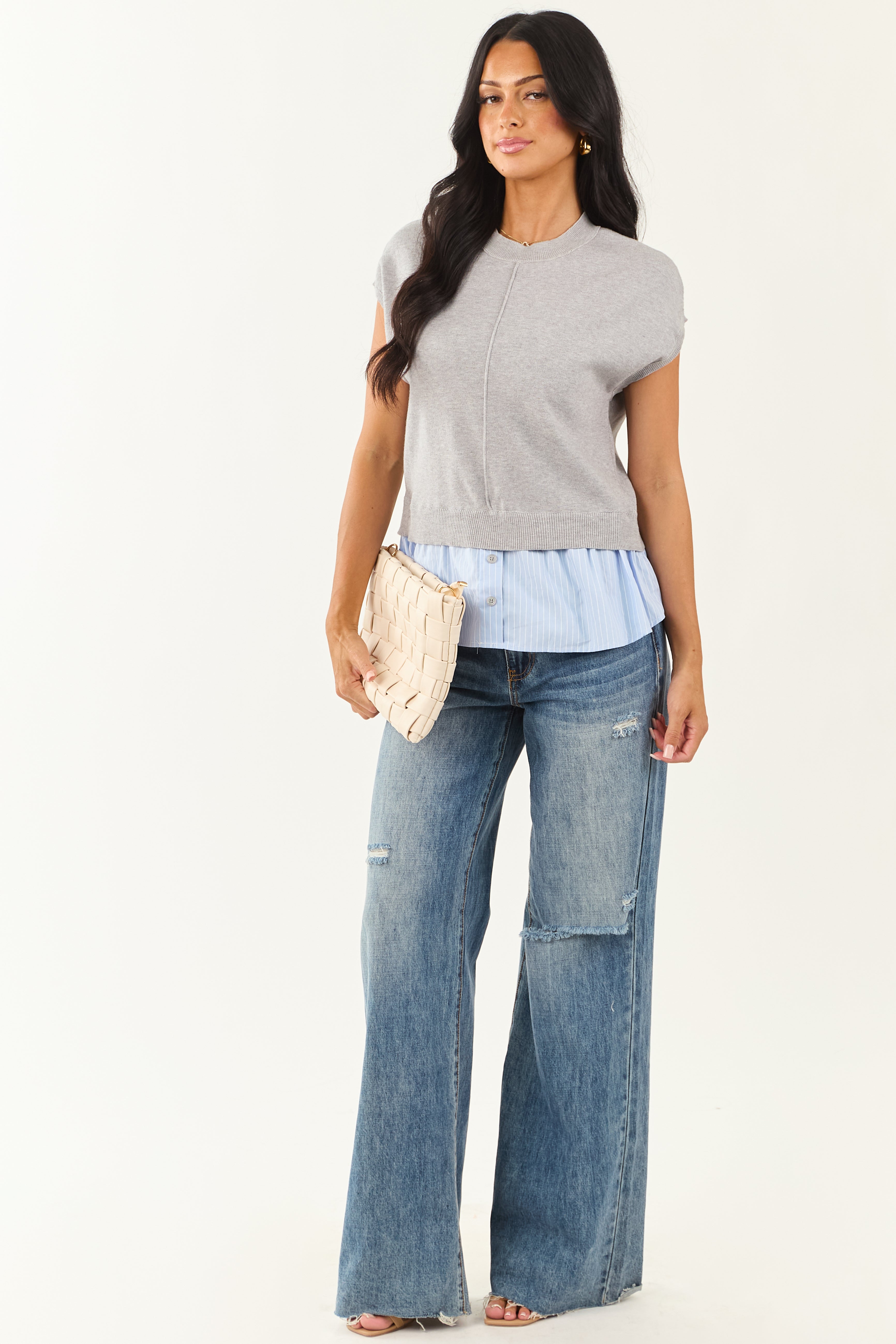 Steel Short Sleeve Striped Contrast Knit Top