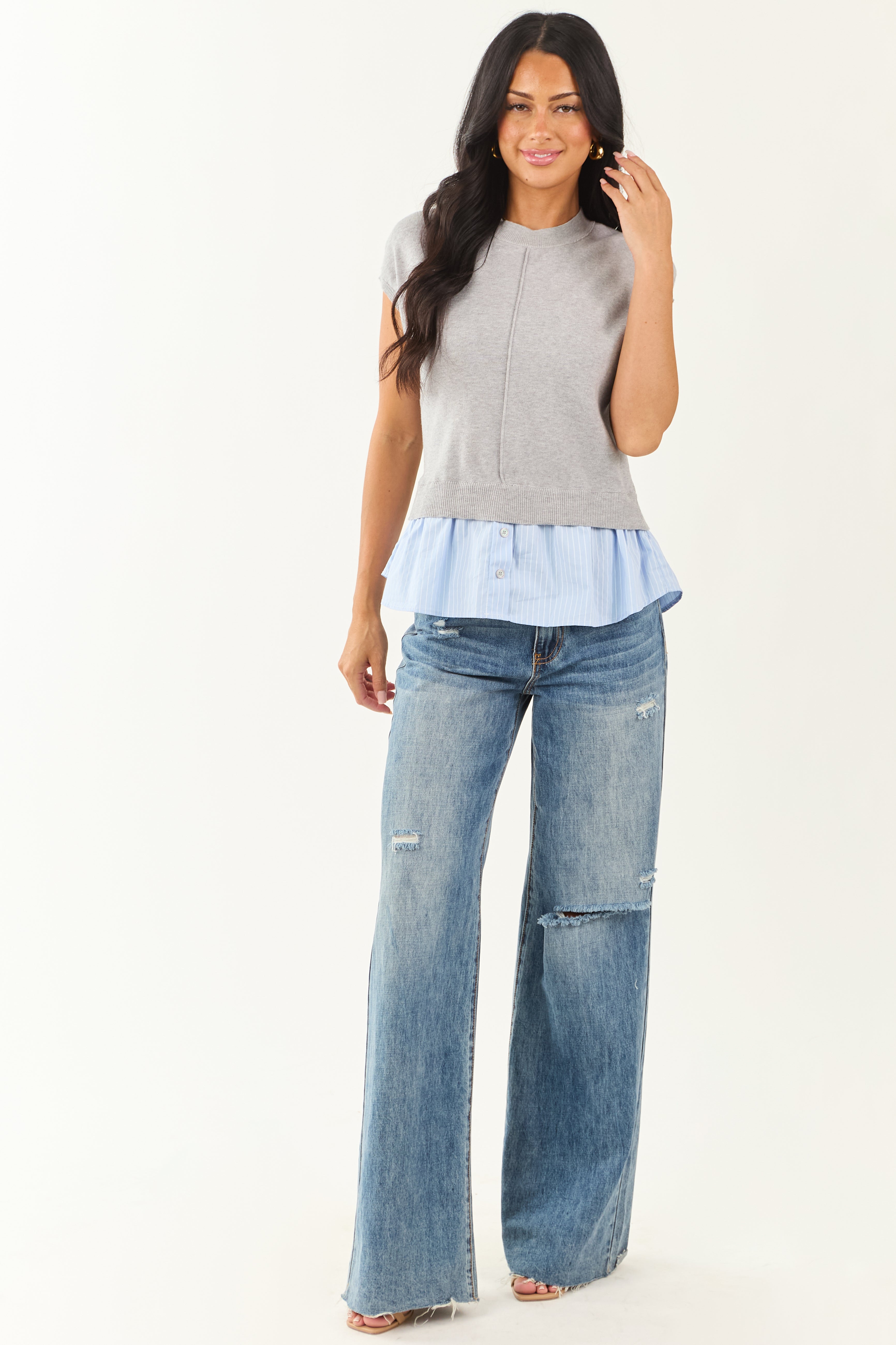 Steel Short Sleeve Striped Contrast Knit Top