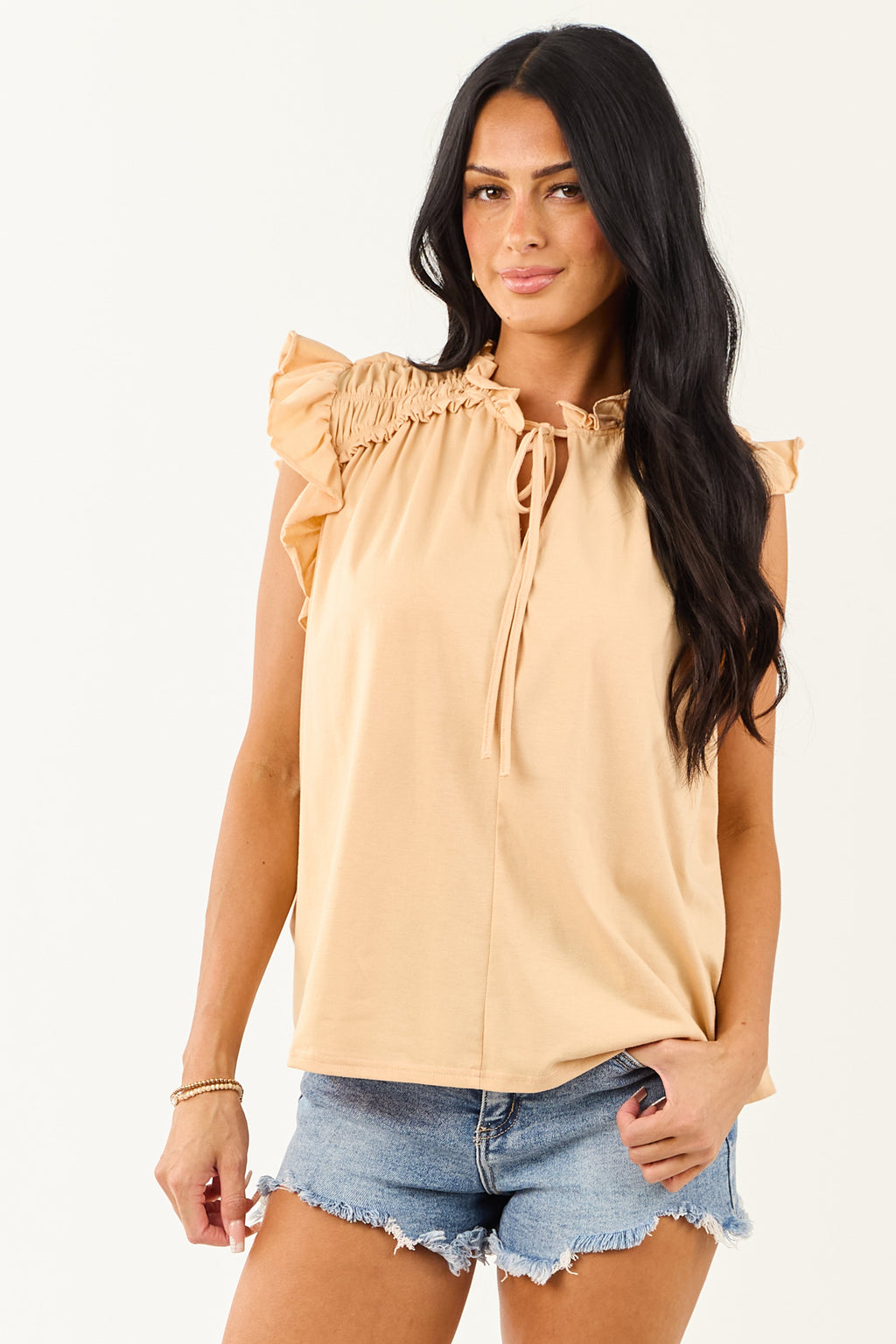 Sunrise Frill V Neck Ruffle Cap Sleeve Top