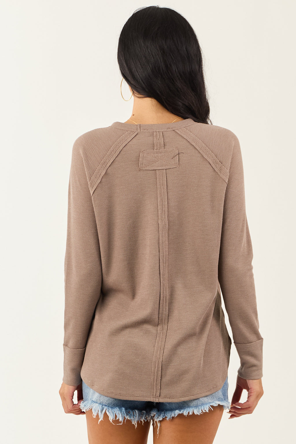 Taupe Waffle Knit Long Sleeve Relaxed Fit Top
