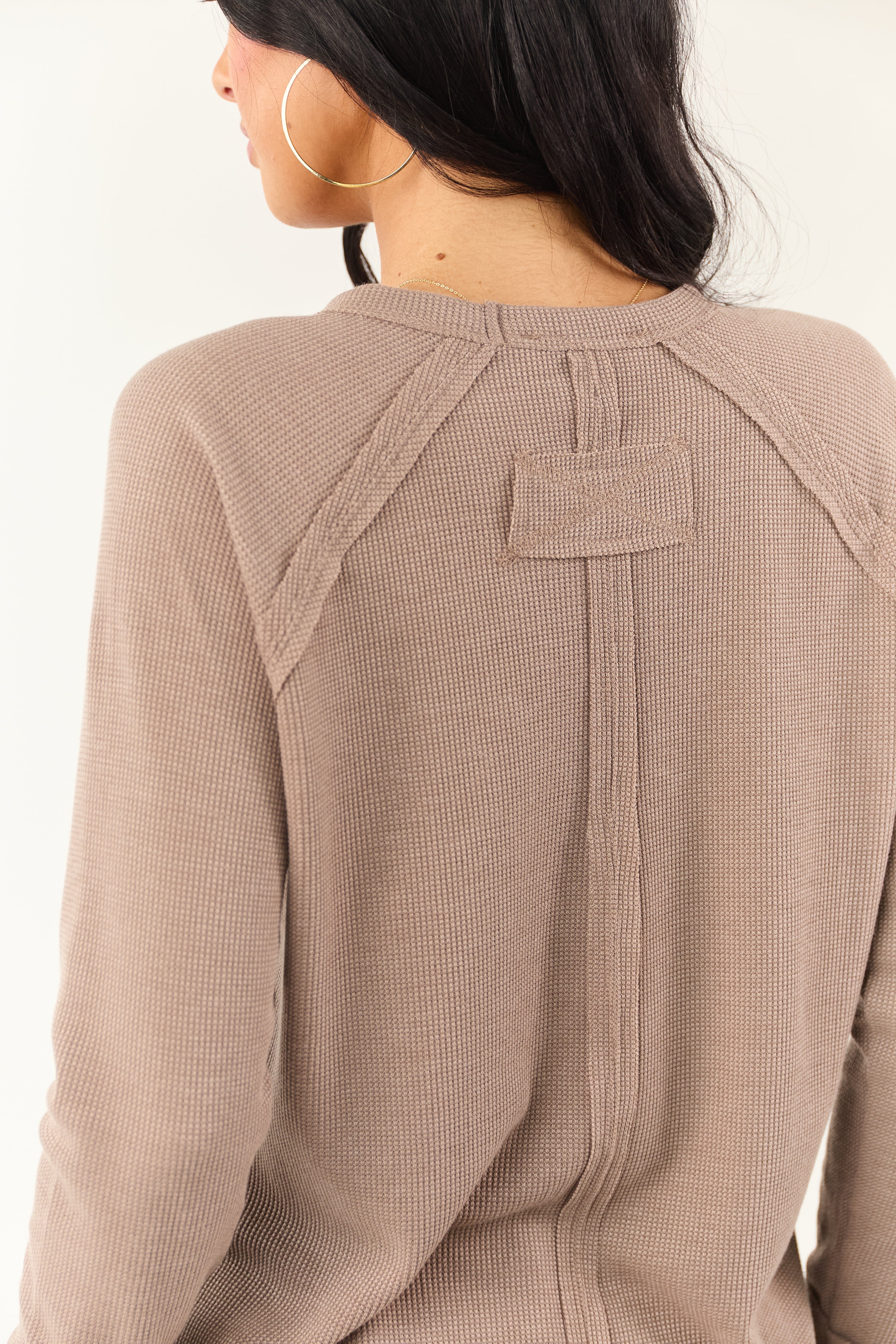 Taupe Waffle Knit Long Sleeve Relaxed Fit Top