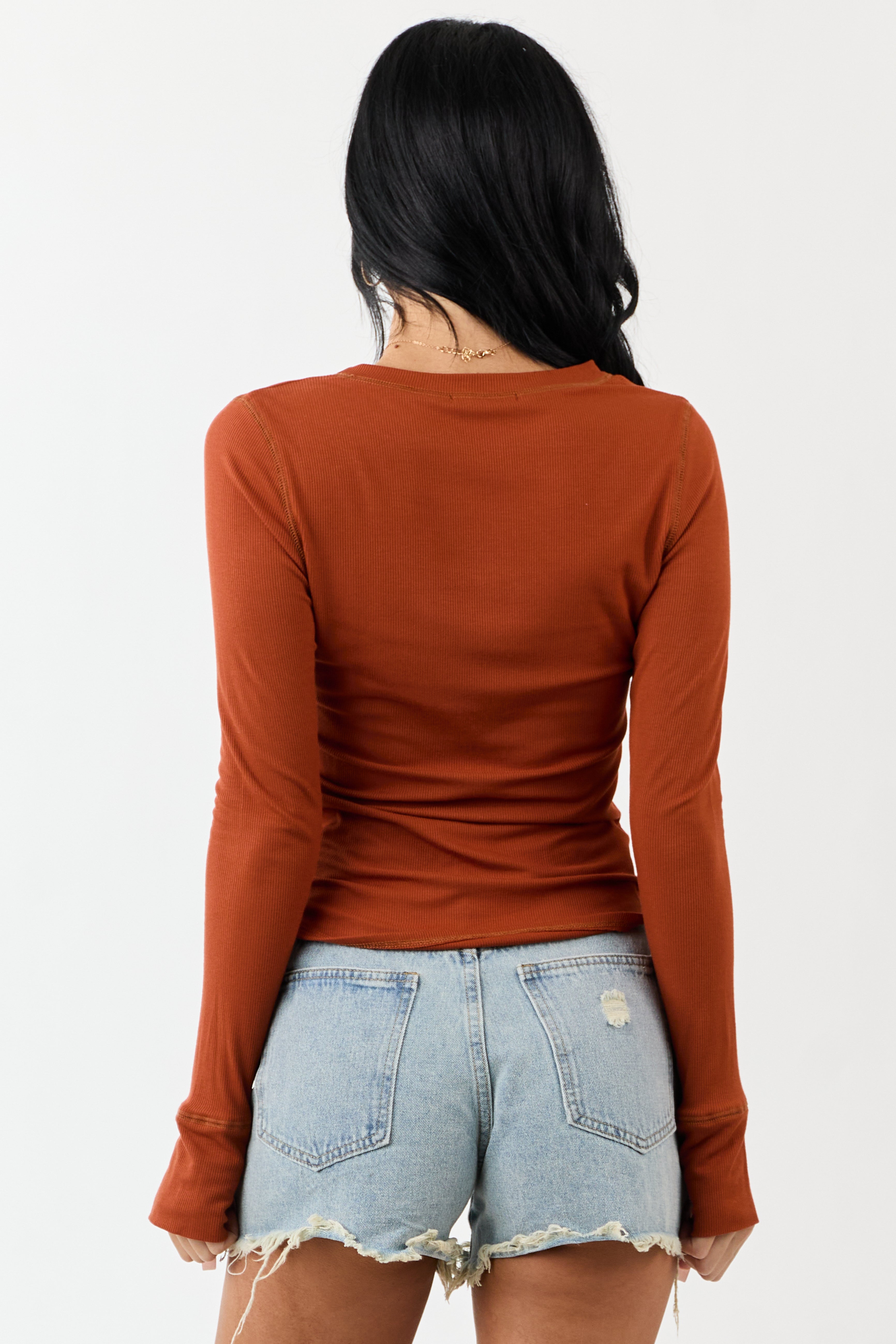 Tawny Rib Knit Round Neck Long Sleeve Top